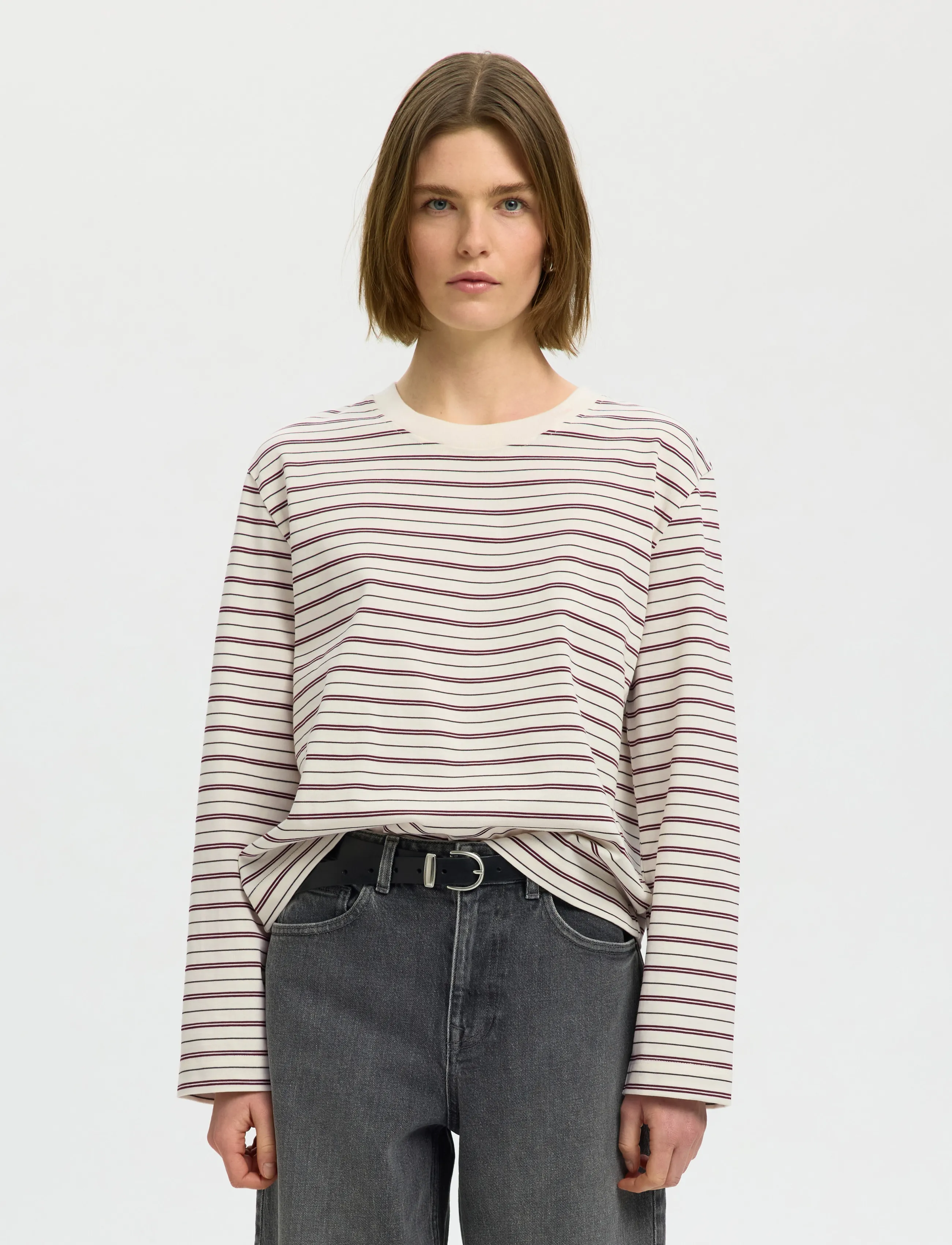 Selected Slwessential Ls Striped Boxy Tee Noos, L, T-shirts & Oberteile, Creme - Long-sleeved, Frauen