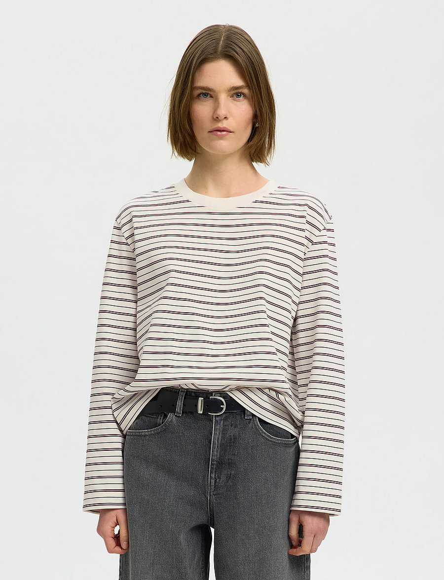Selected - SLWESSENTIAL LS STRIPED BOXY TEE NOOS - langärmlige tops - tawny port - 0