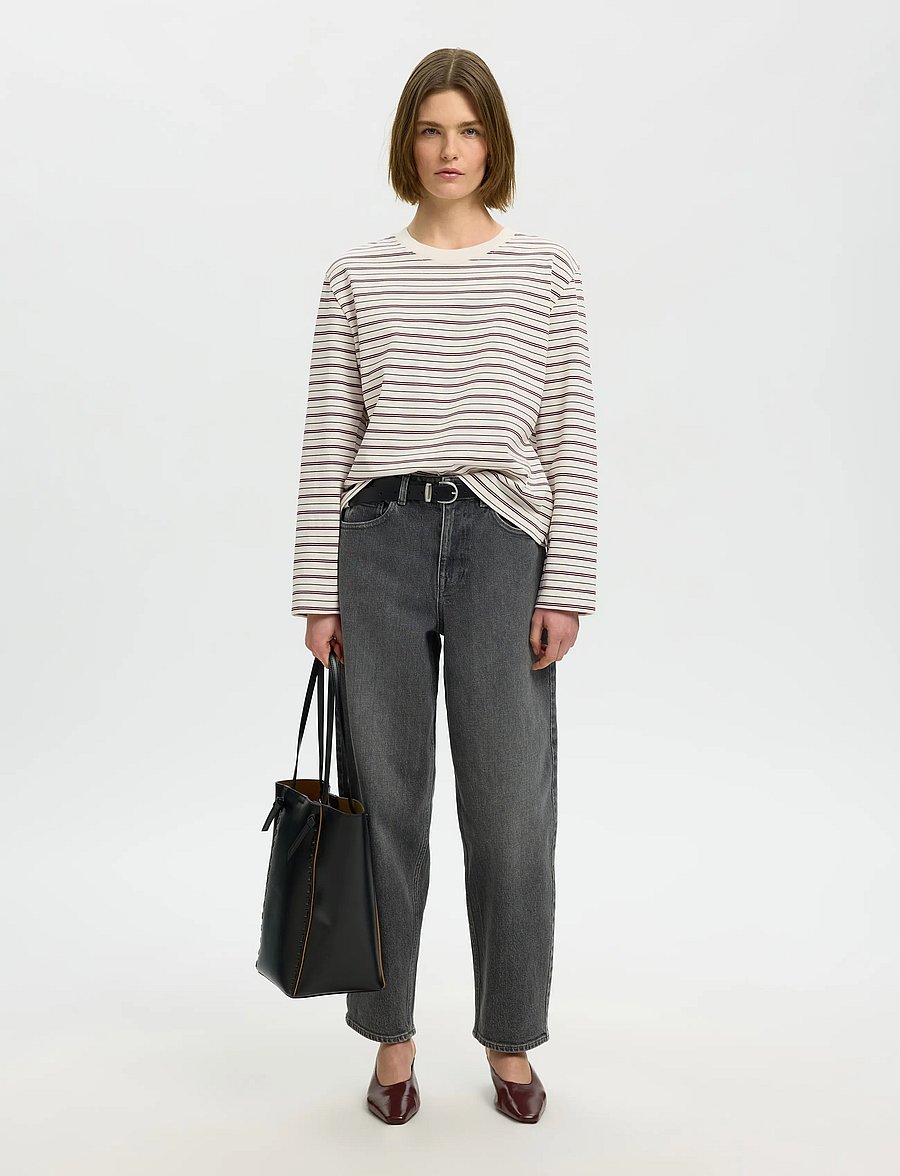 Selected - SLWESSENTIAL LS STRIPED BOXY TEE NOOS - langärmlige tops - tawny port - 5