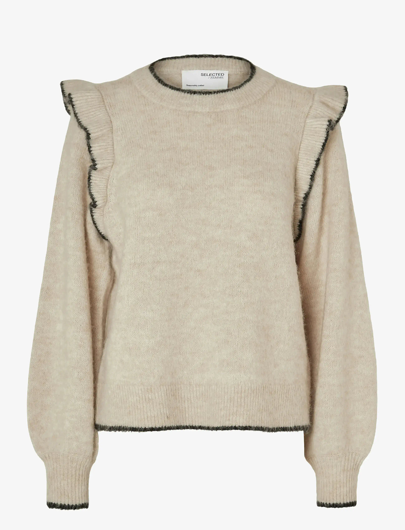 Selected - SLFALVA FRILLS LS KNIT O-NECK - stickade tröjor - birch - 1