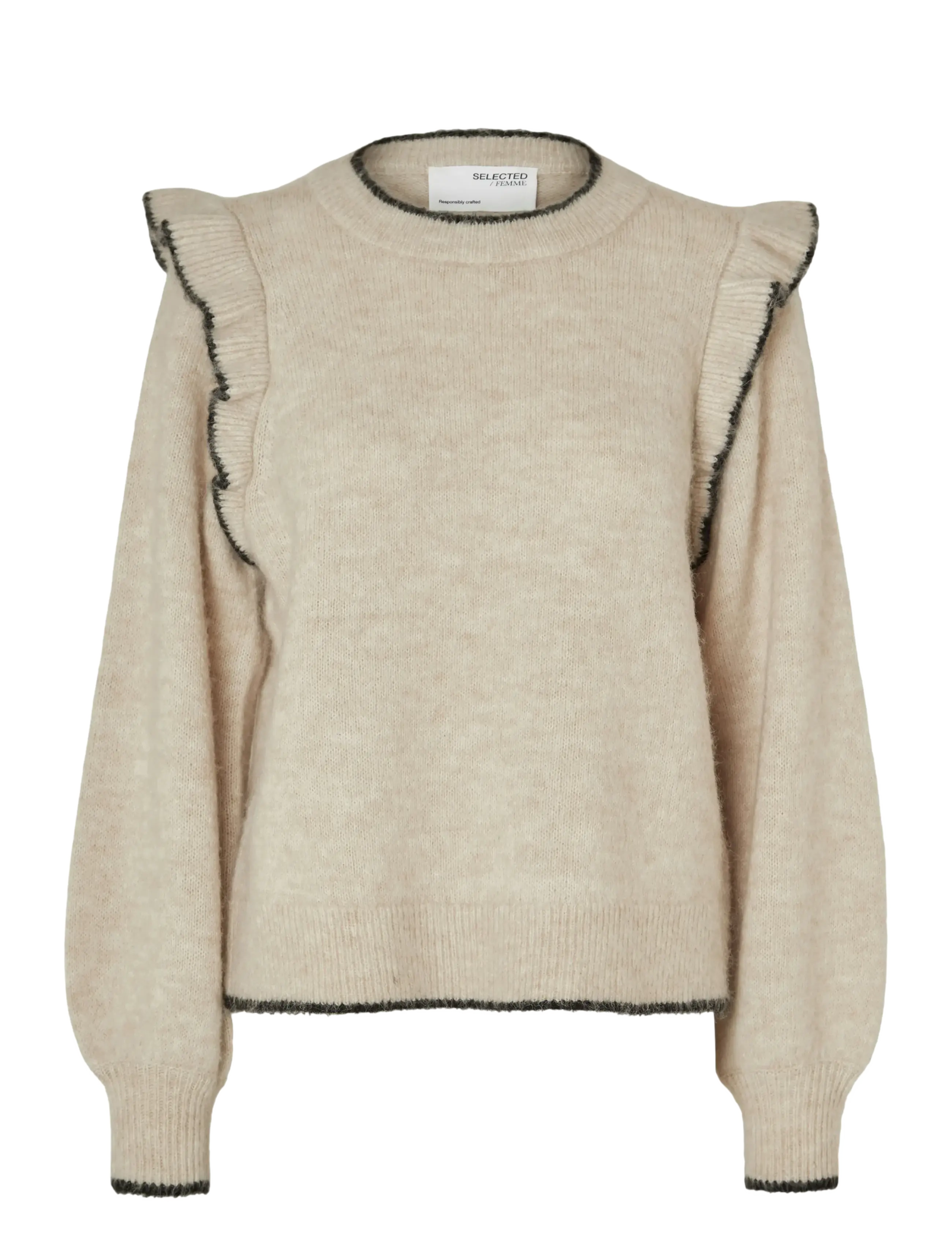 Selected SLFALVA FRILLS LS KNIT O-NECK - Selected - BIRCH / beige