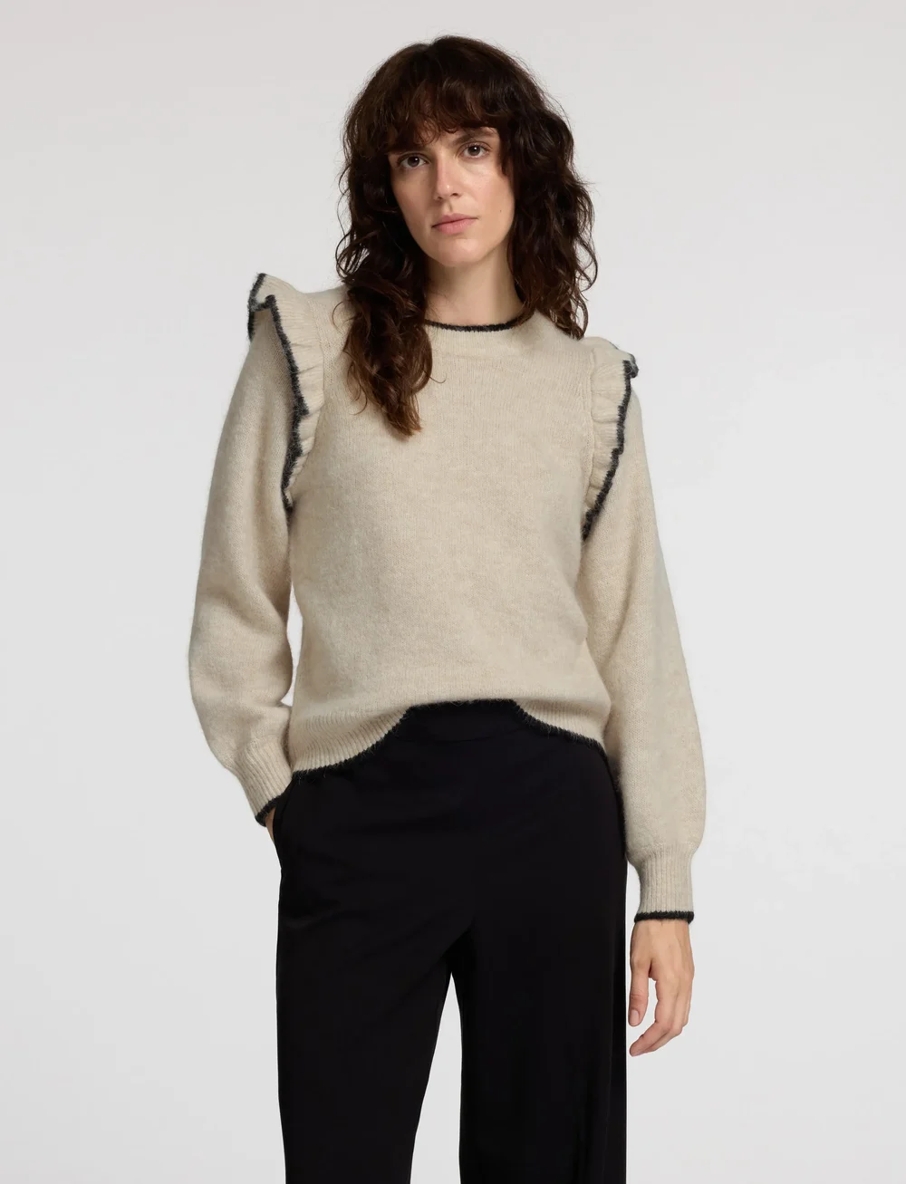 Selected - SLFALVA FRILLS LS KNIT O-NECK - sviitrid - birch - 0