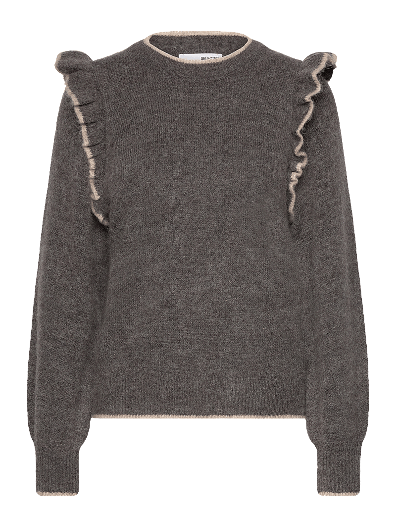 Selected - SLFALVA FRILLS LS KNIT O-NECK - striktrøjer - medium grey melange - 1
