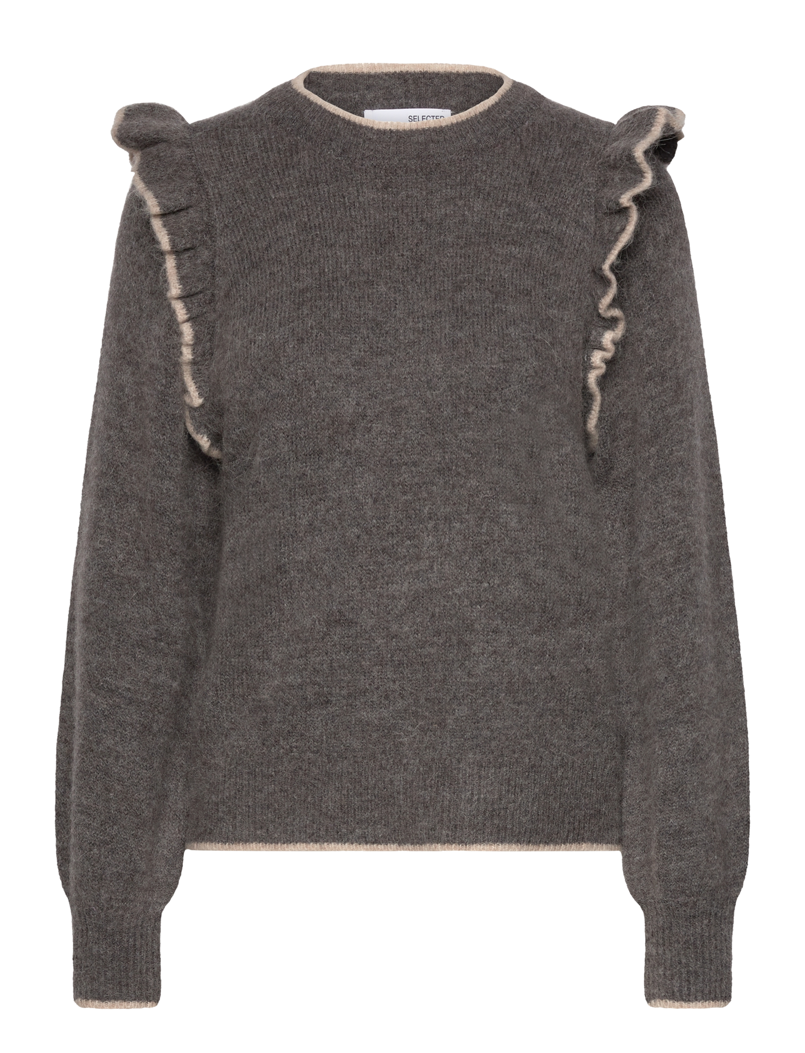 Selected SLFALVA FRILLS LS KNIT O-NECK - Klær - MEDIUM GREY MELANGE / grey