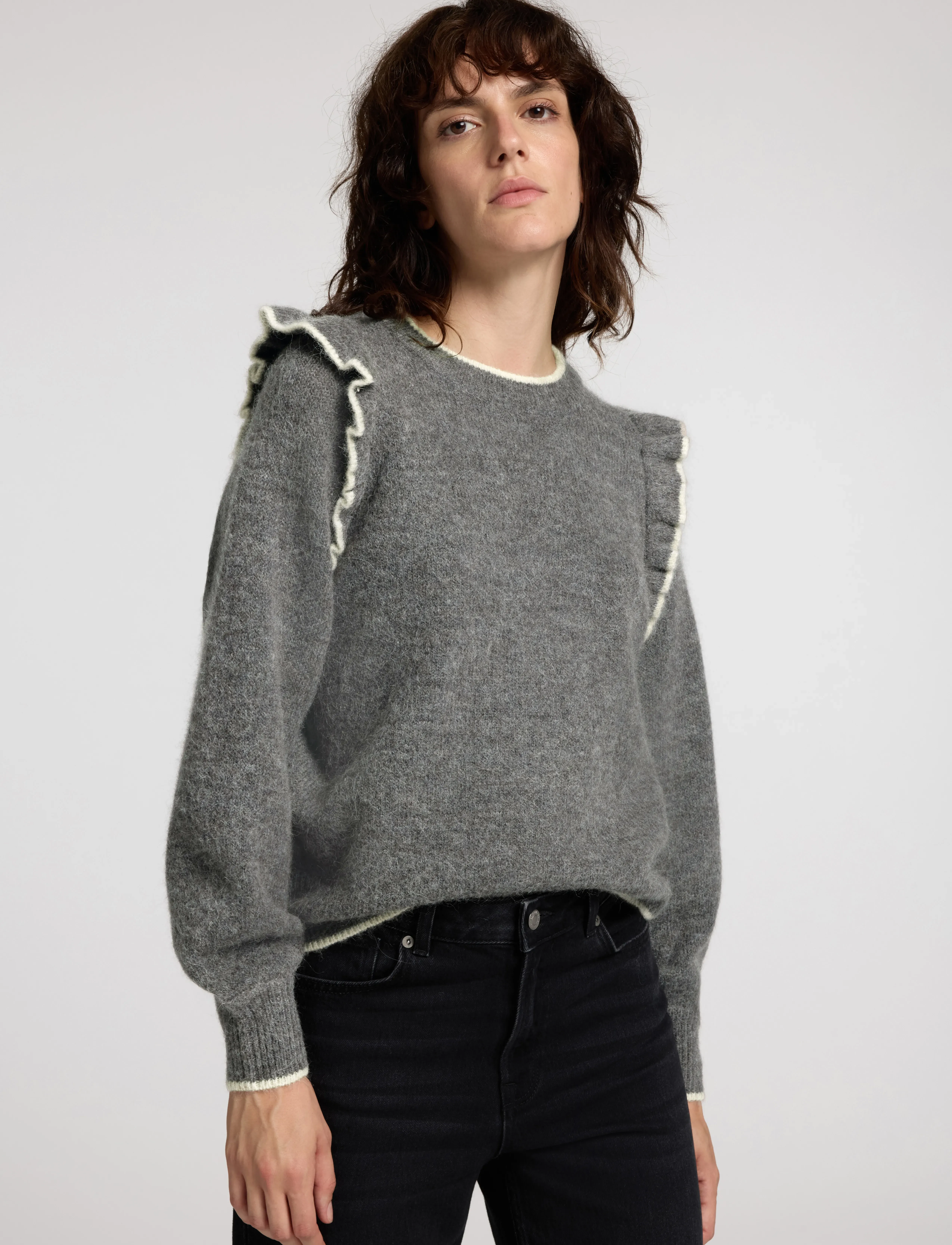 Selected - SLFALVA FRILLS LS KNIT O-NECK - pullover - medium grey melange - 4