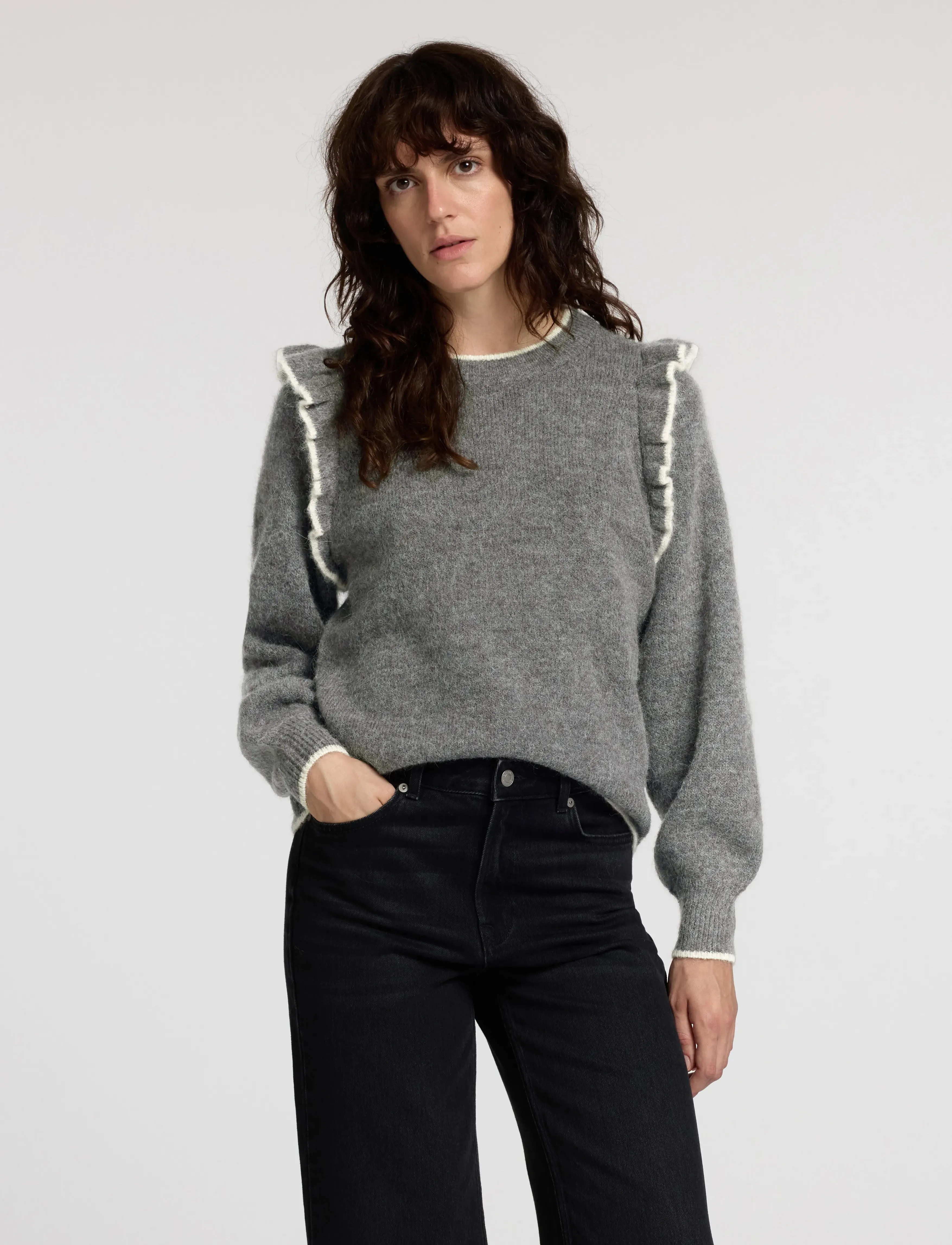 Selected - SLFALVA FRILLS LS KNIT O-NECK - pullover - medium grey melange - 5