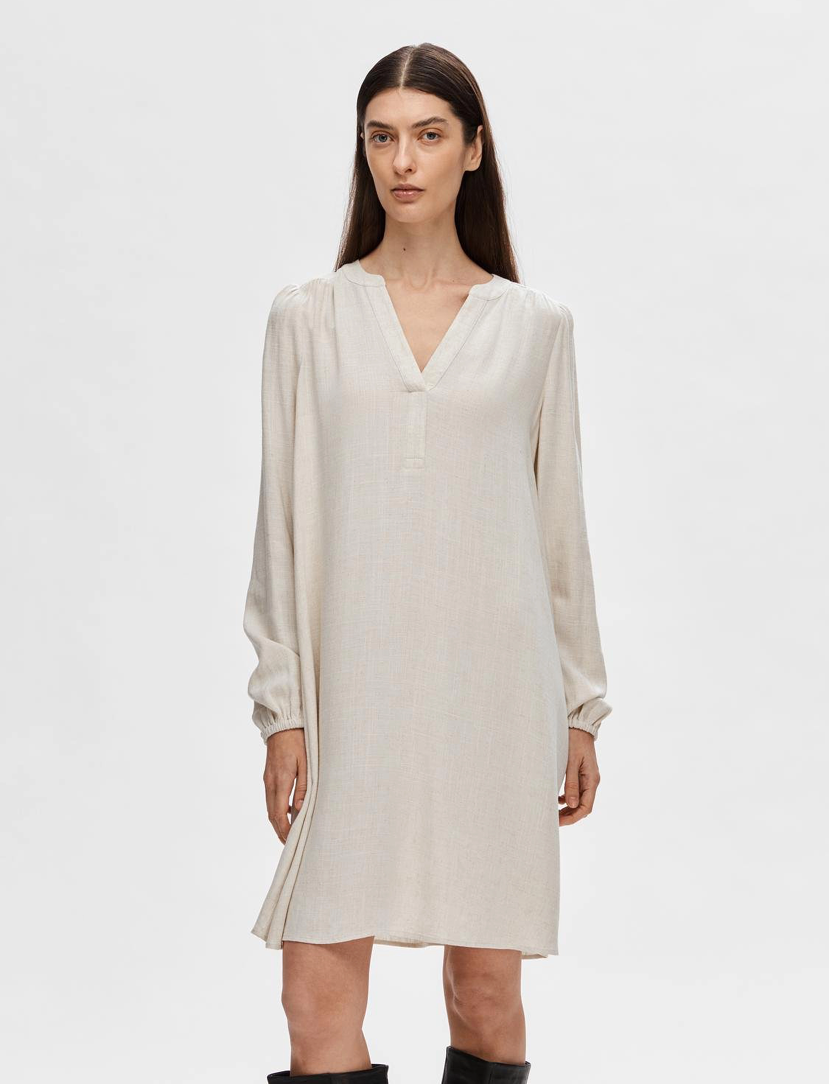 Selected Slfviva Ls Short V-Neck Dress Noos, 34, Dresses, Creme - Dress, Frauen