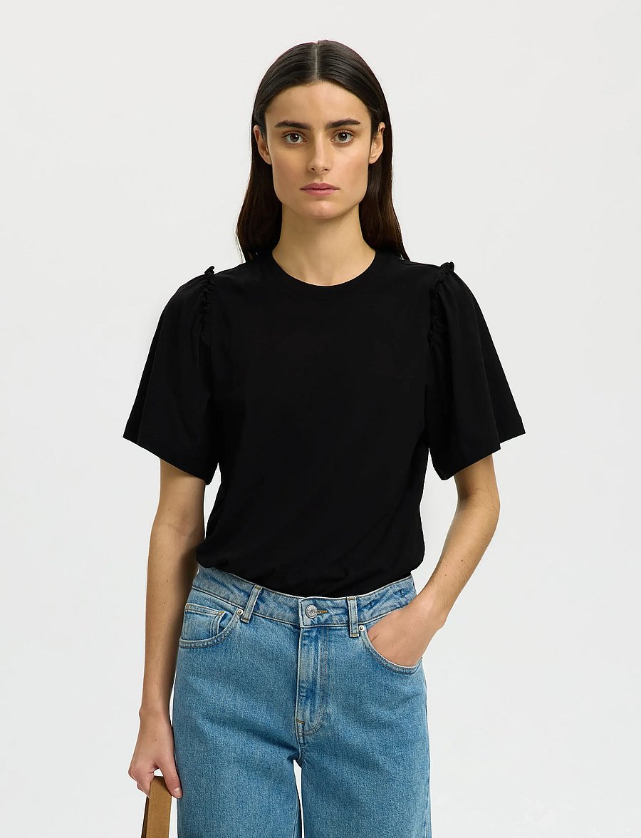 Selected - SLWPENELOPE 2/4 RUFFLE TEE NOOS - t-shirts - black - 0