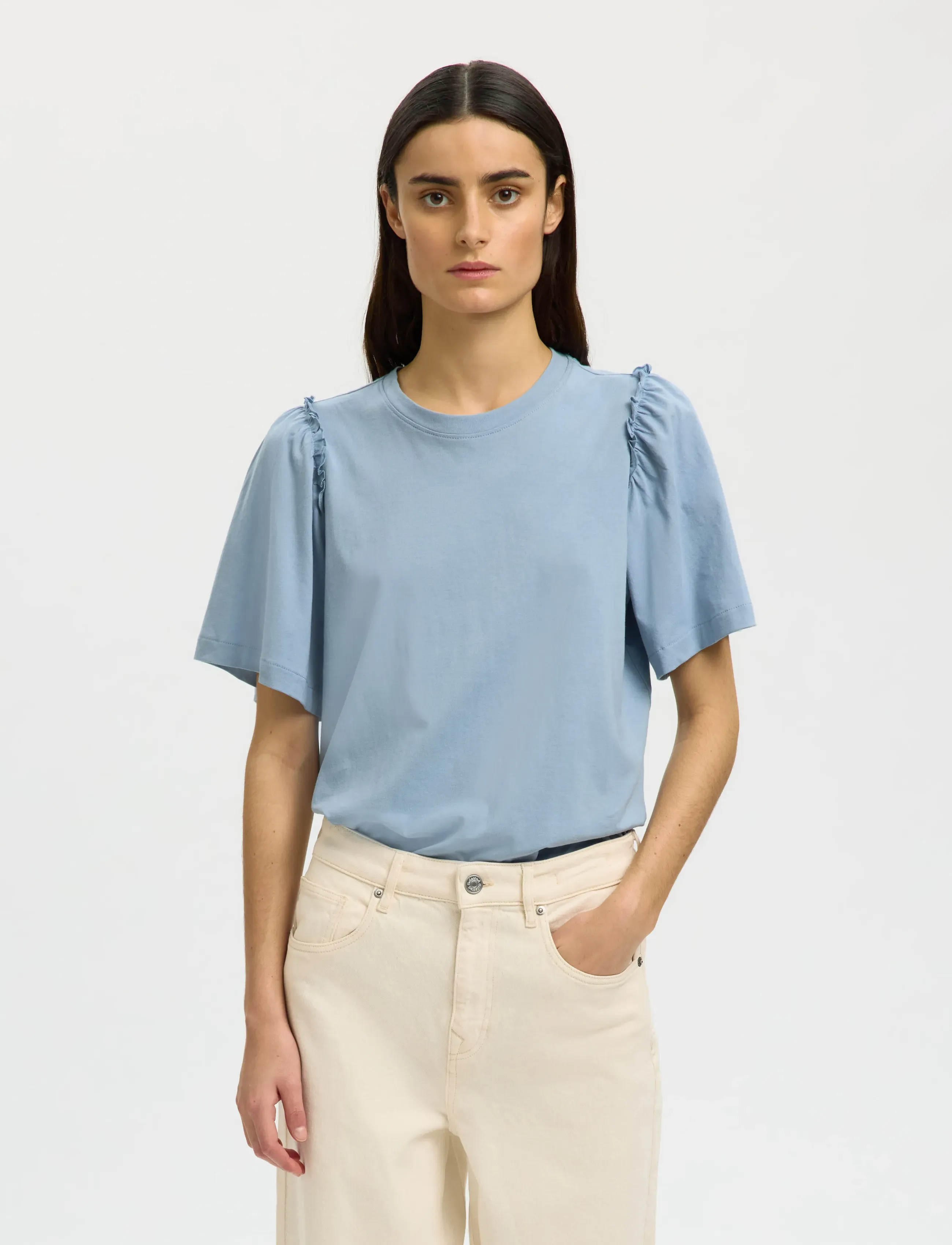 Selected SLWPENELOPE 2/4 RUFFLE TEE NOOS - Marškinėliai - DUSTY BLUE / blue
