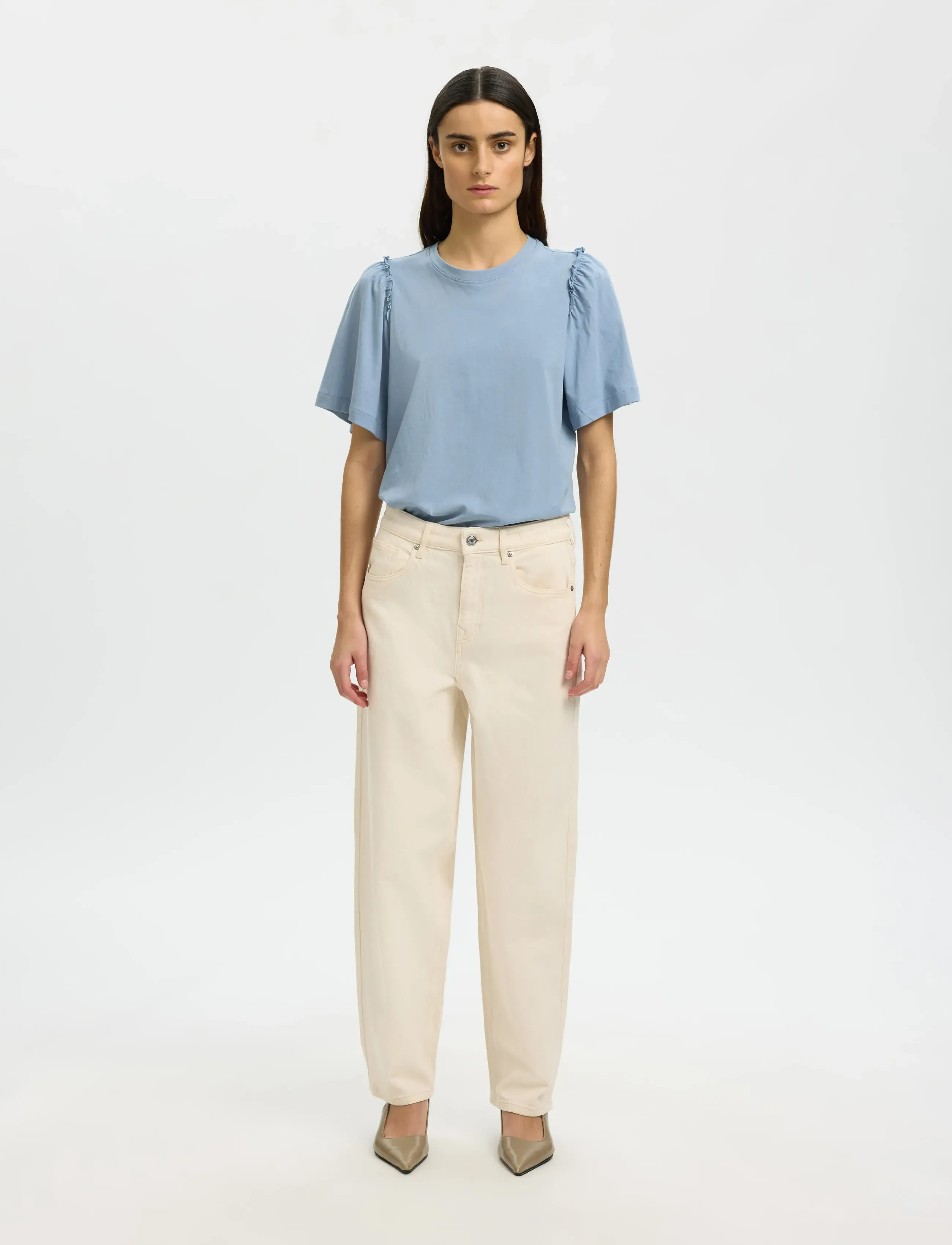 Selected - SLWPENELOPE 2/4 RUFFLE TEE NOOS - t-shirts - dusty blue - 3