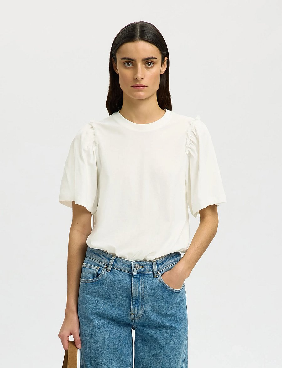 Selected - SLWPENELOPE 2/4 RUFFLE TEE NOOS - t-shirts - snow white - 0