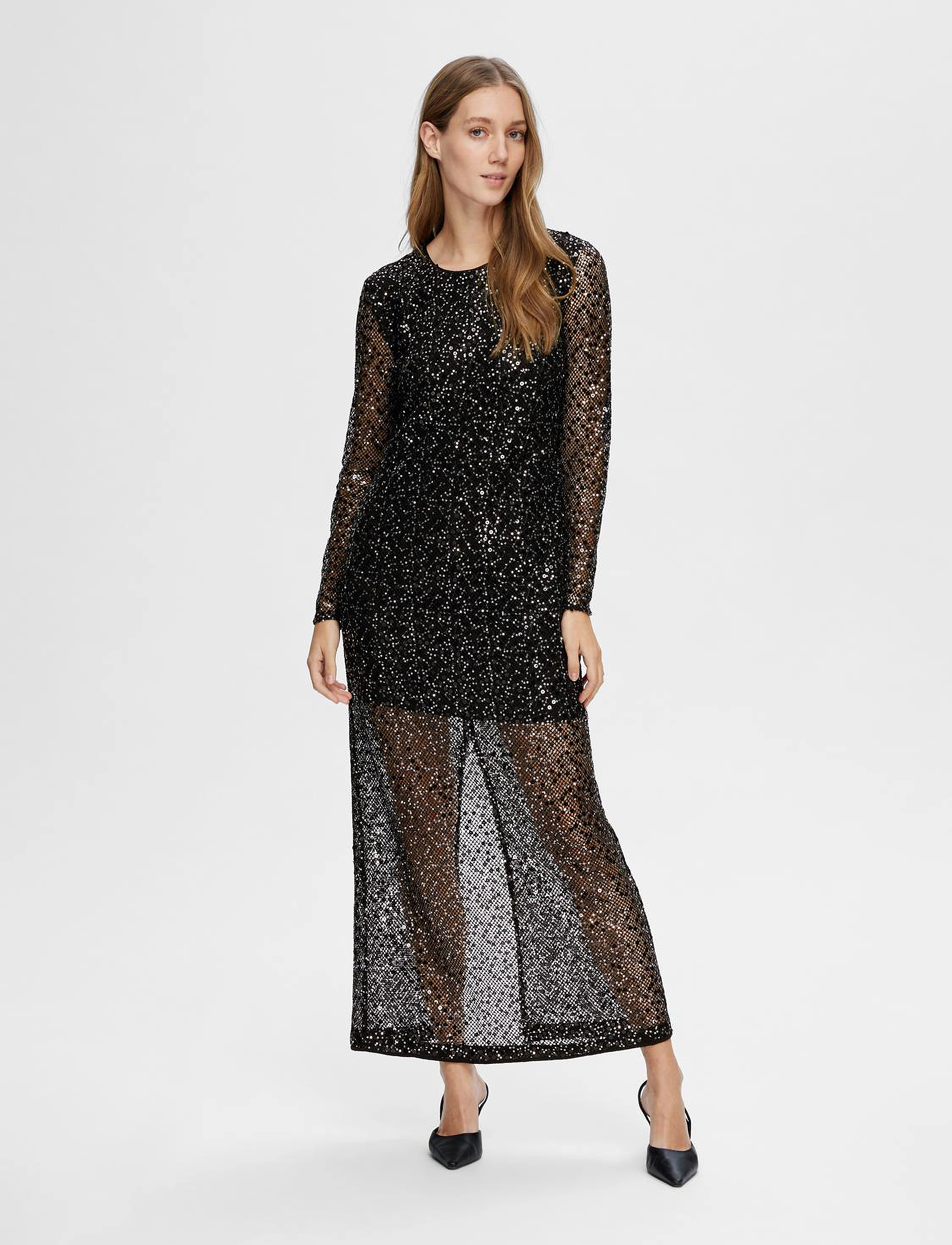 Selected - SLFNOEL LS ANKLE SEQUINS DRESS B - paillettenkleider - black - 4