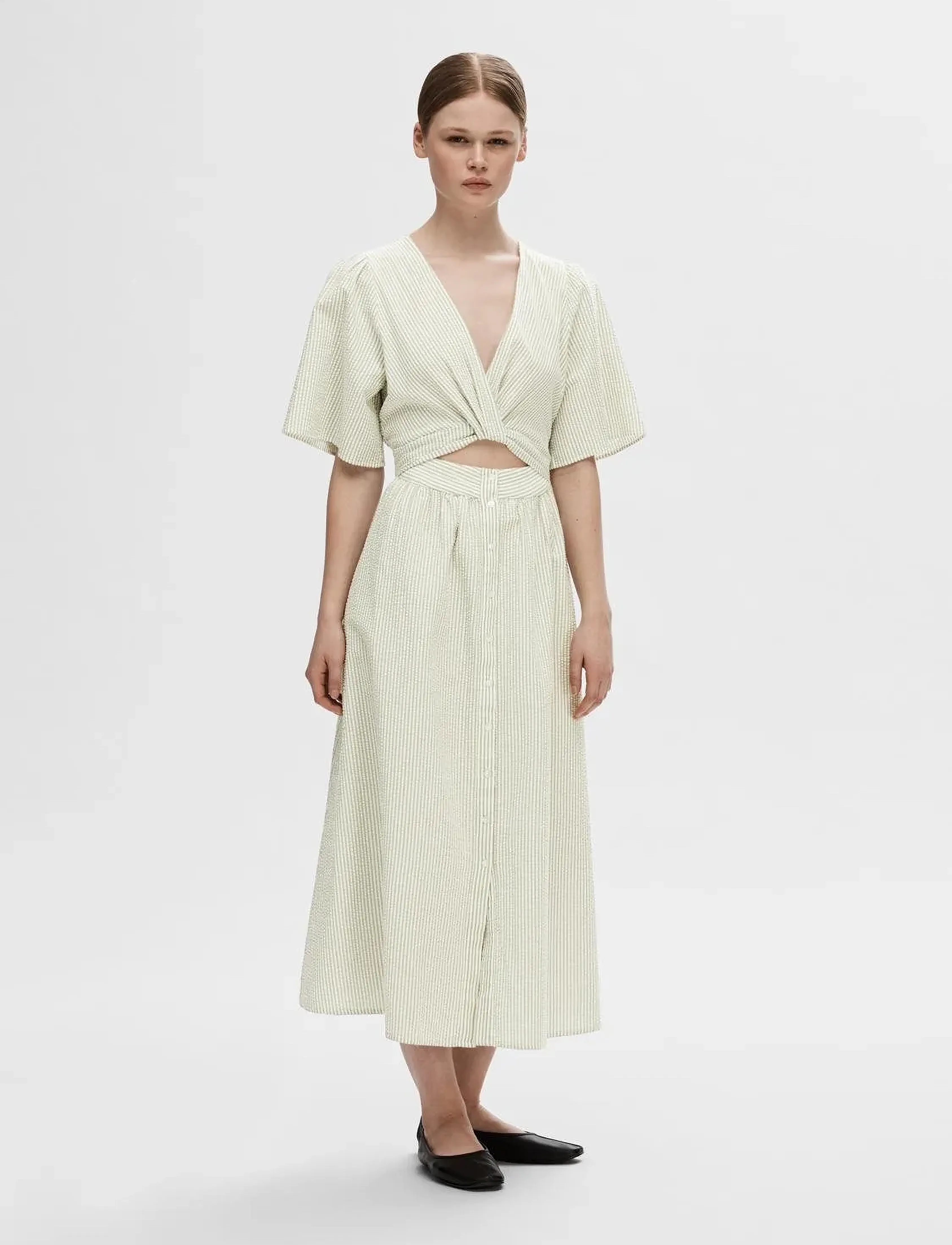 Selected SLFVITTORIA SS STRIPED MIDI SHIRT DRESS - Kleidid - SNOW WHITE / beige