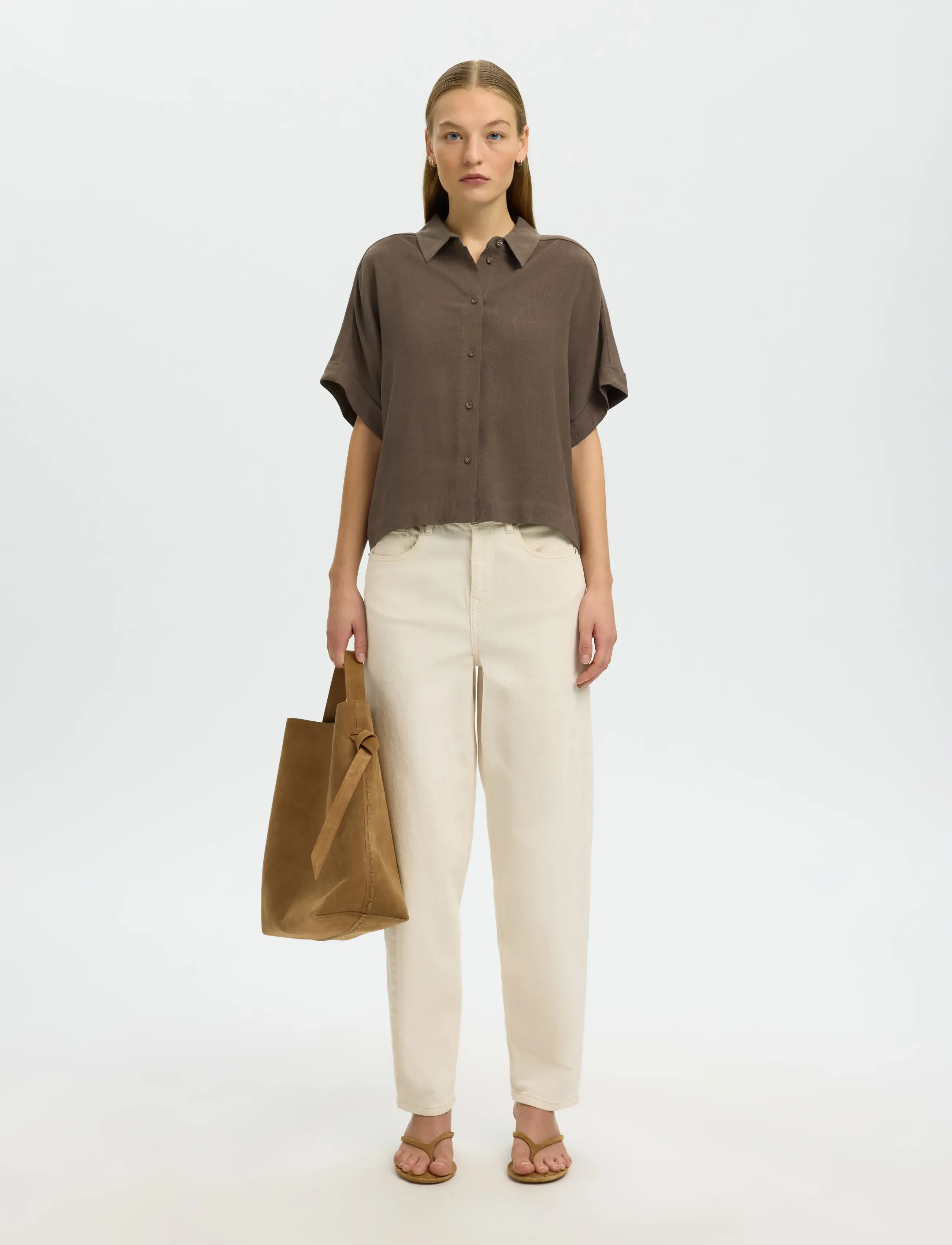 Selected - SLWVIVA SS CROPPED SUN SHIRT NOOS - kurzärmlige hemden - chocolate chip - 3