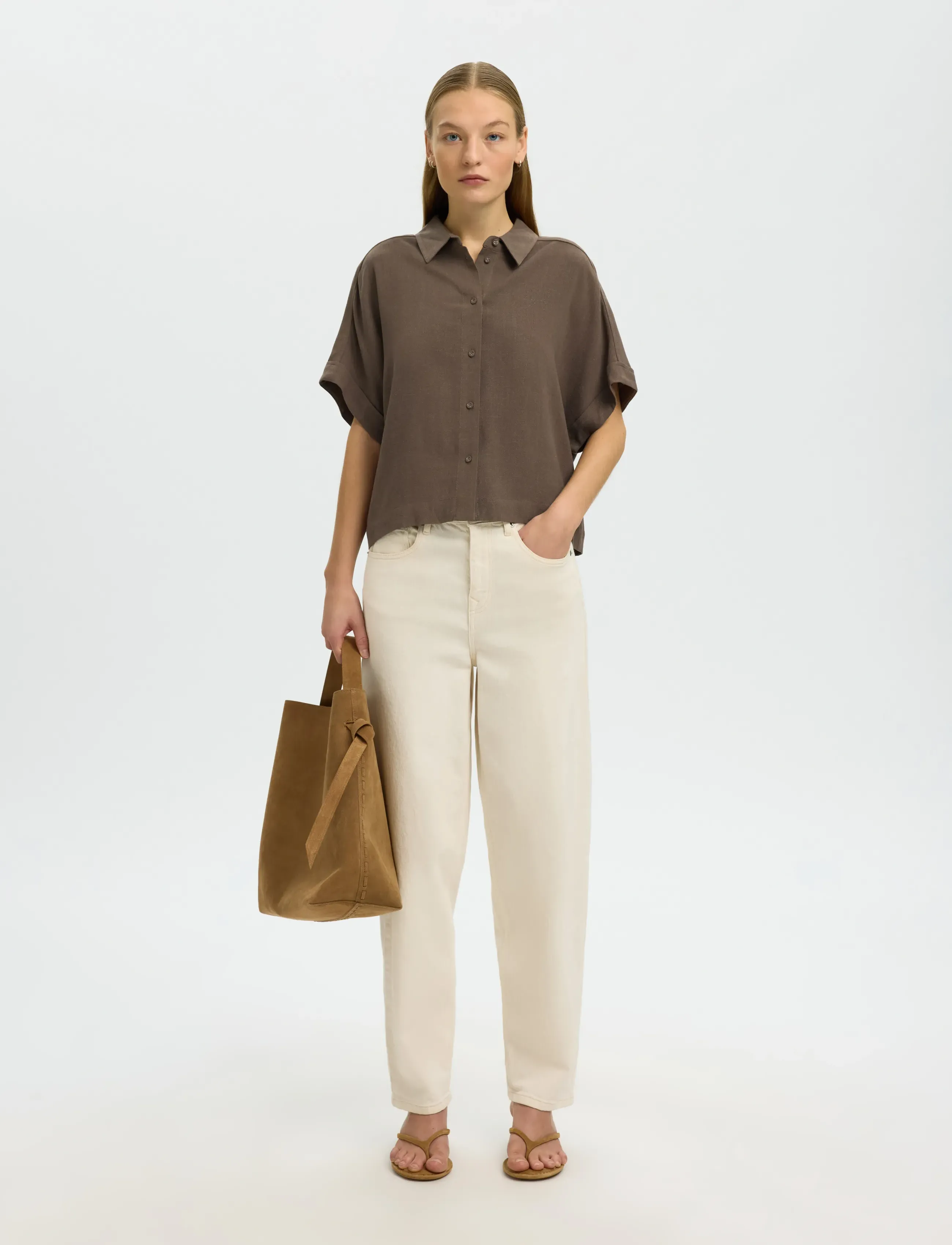 Selected - SLWVIVA SS CROPPED SUN SHIRT NOOS - kurzärmlige hemden - chocolate chip - 4