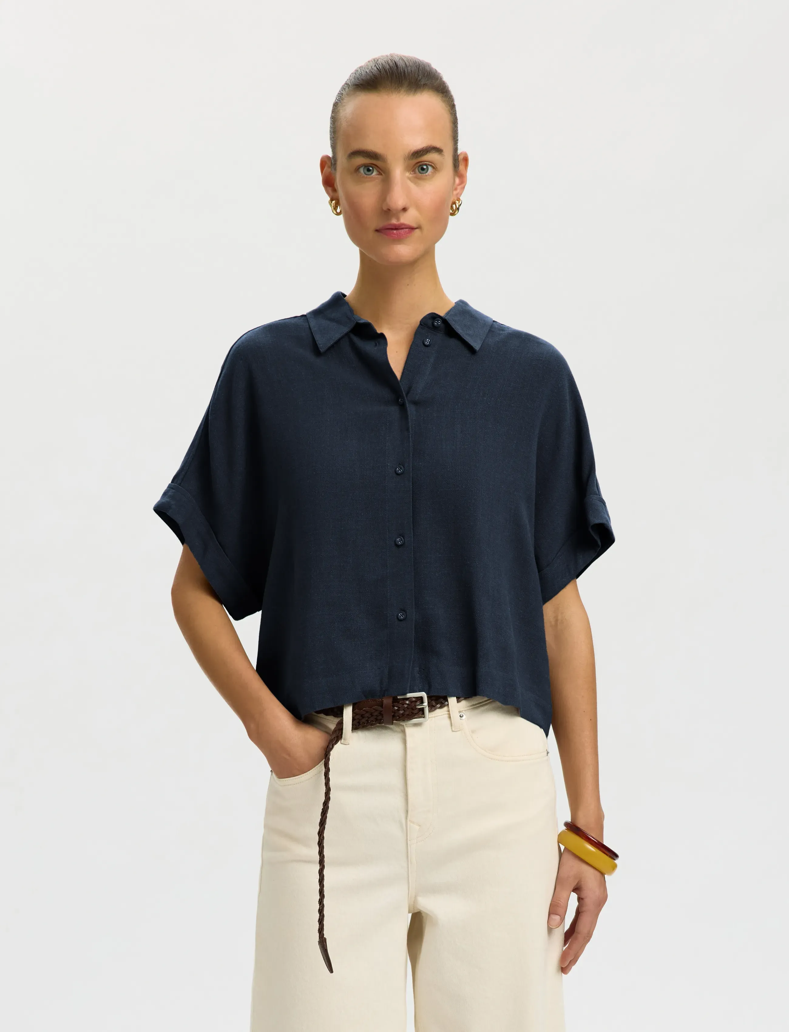 Selected Slwviva Ss Cropped Sun Shirt Noos, 44, T-shirts & Oberteile, Marineblau - Short-sleeved, Frauen