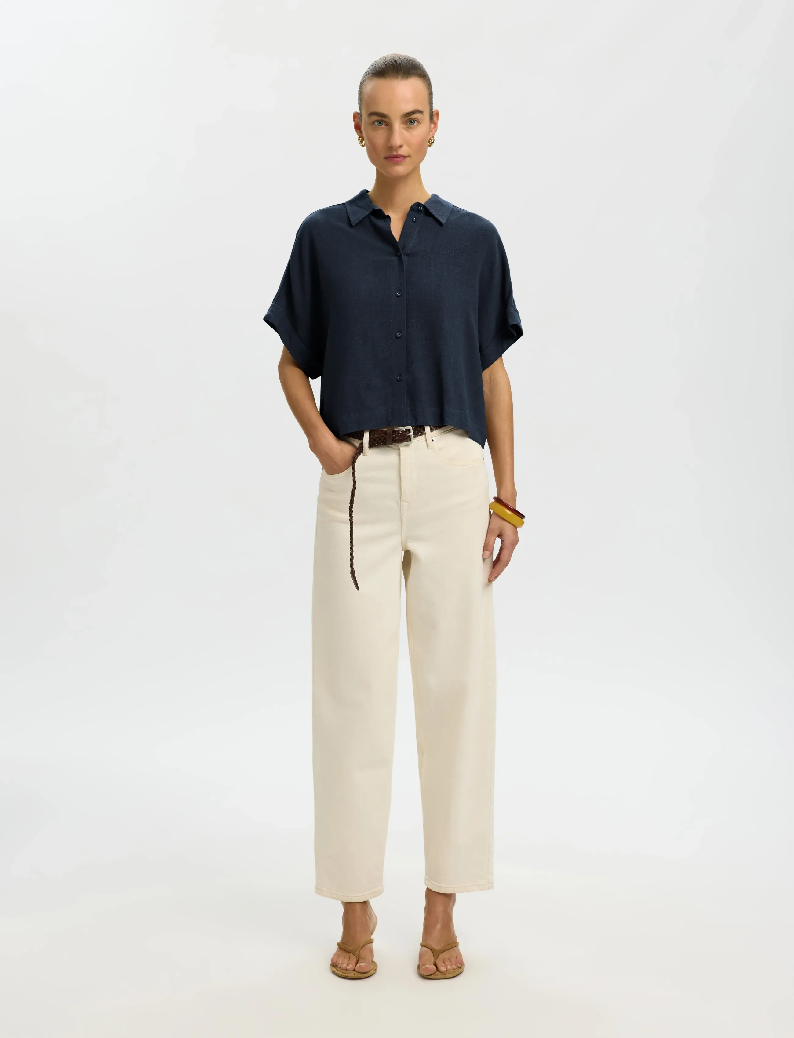 Selected - SLWVIVA SS CROPPED SUN SHIRT NOOS - kortærmede skjorter - dark sapphire - 3