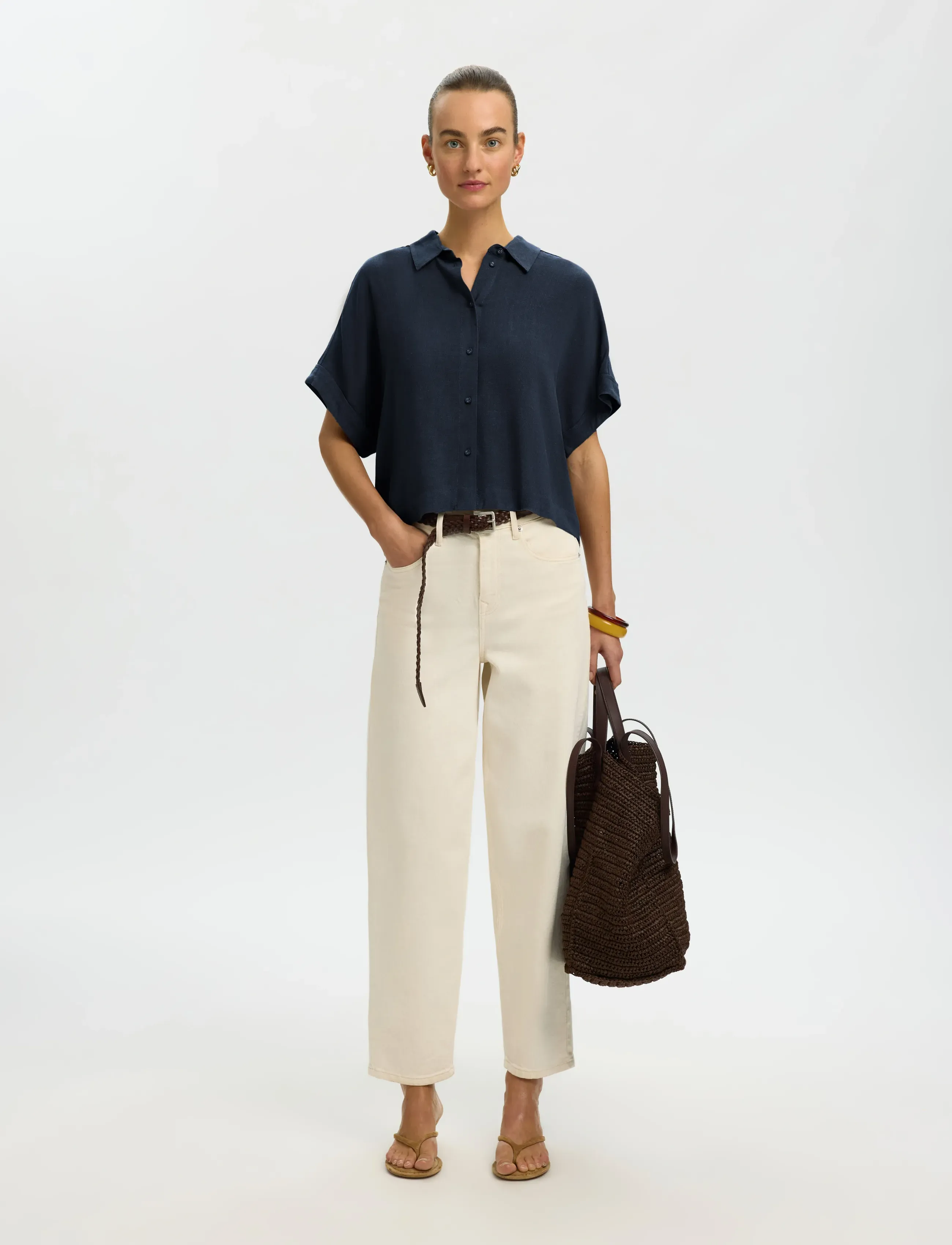 Selected - SLWVIVA SS CROPPED SUN SHIRT NOOS - kortærmede skjorter - dark sapphire - 5