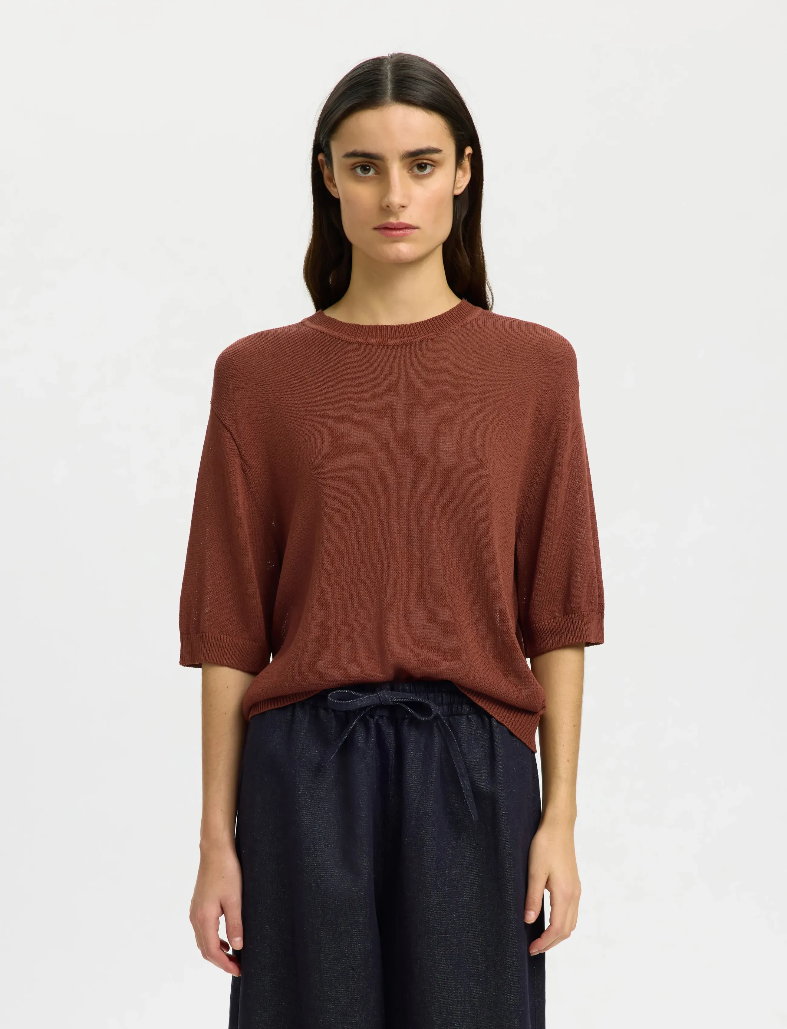 Selected SLFMOON SUS 2/4 KNIT - T-shirts & Toppar - CHERRY MAHOGANY / burgundy
