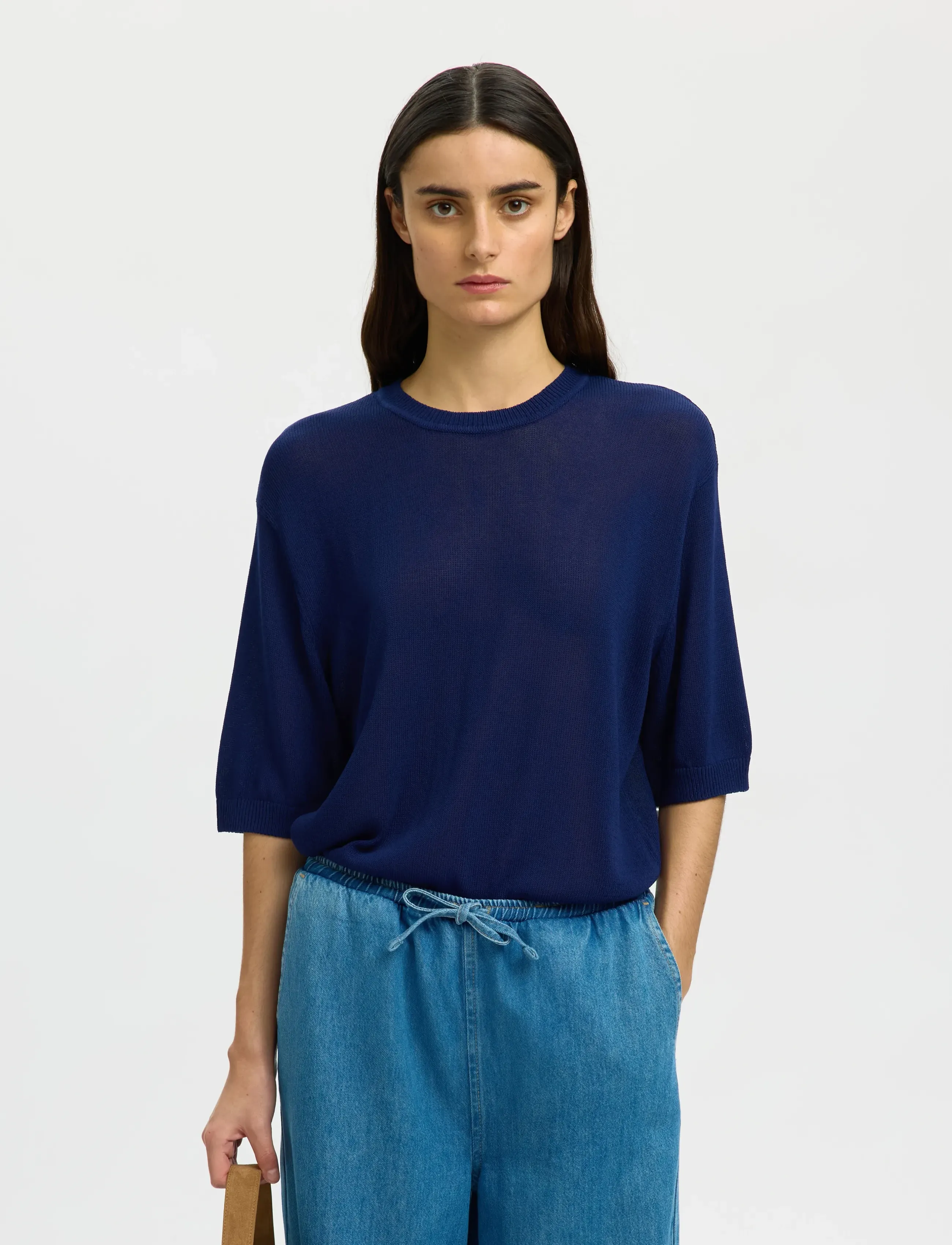 Selected SLFMOON SUS 2/4 KNIT - T-shirts - OCEAN CAVERN / navy