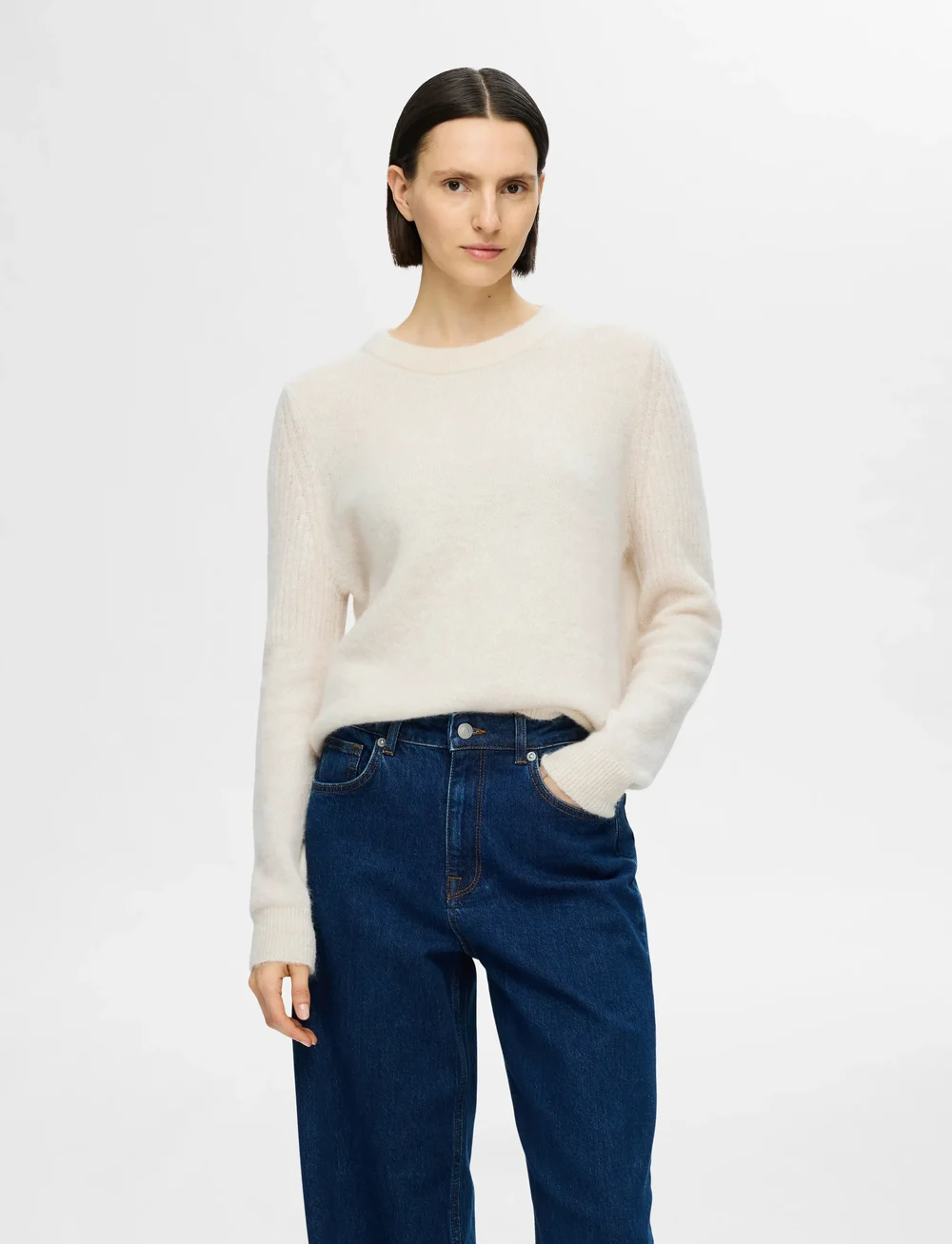 Selected - SLFSIA RAS LS KNIT O-NECK NOOS - striktrøjer - birch - 0