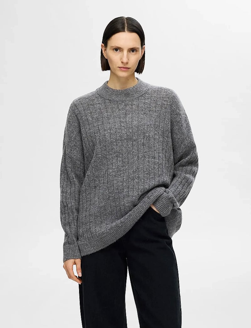 Selected - SLFMALINE LS KNIT HIGH NECK NOOS - stickade tröjor - medium grey melange - 0