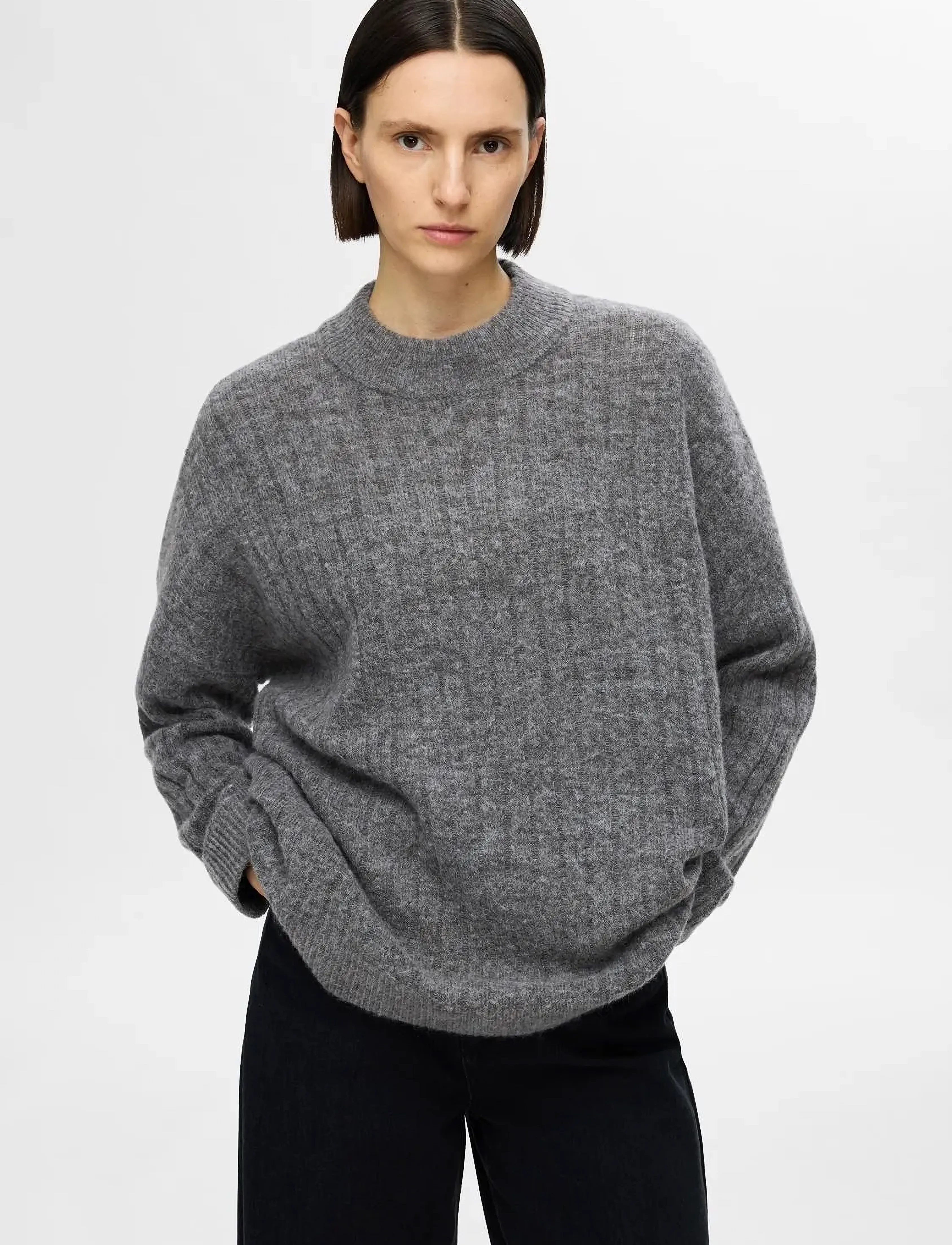 Selected - SLFMALINE LS KNIT HIGH NECK NOOS - trøjer - medium grey melange - 4