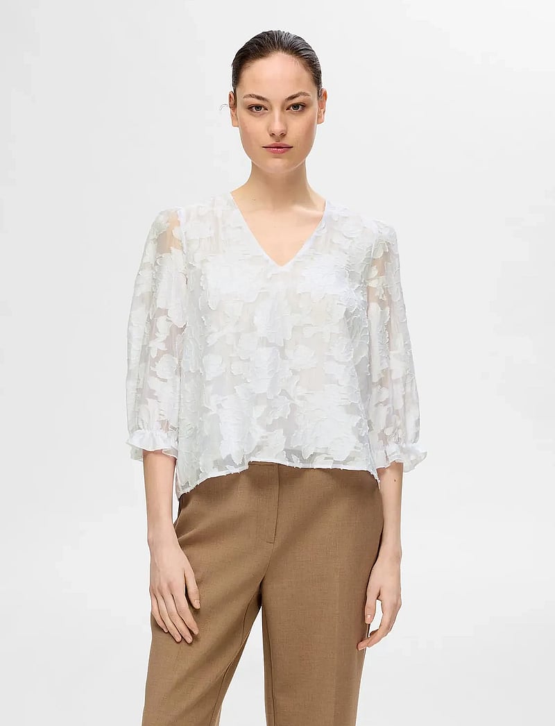 Selected - SLFCATHI-SADIE 3/4 TOP FF - kortærmede bluser - bright white - 0