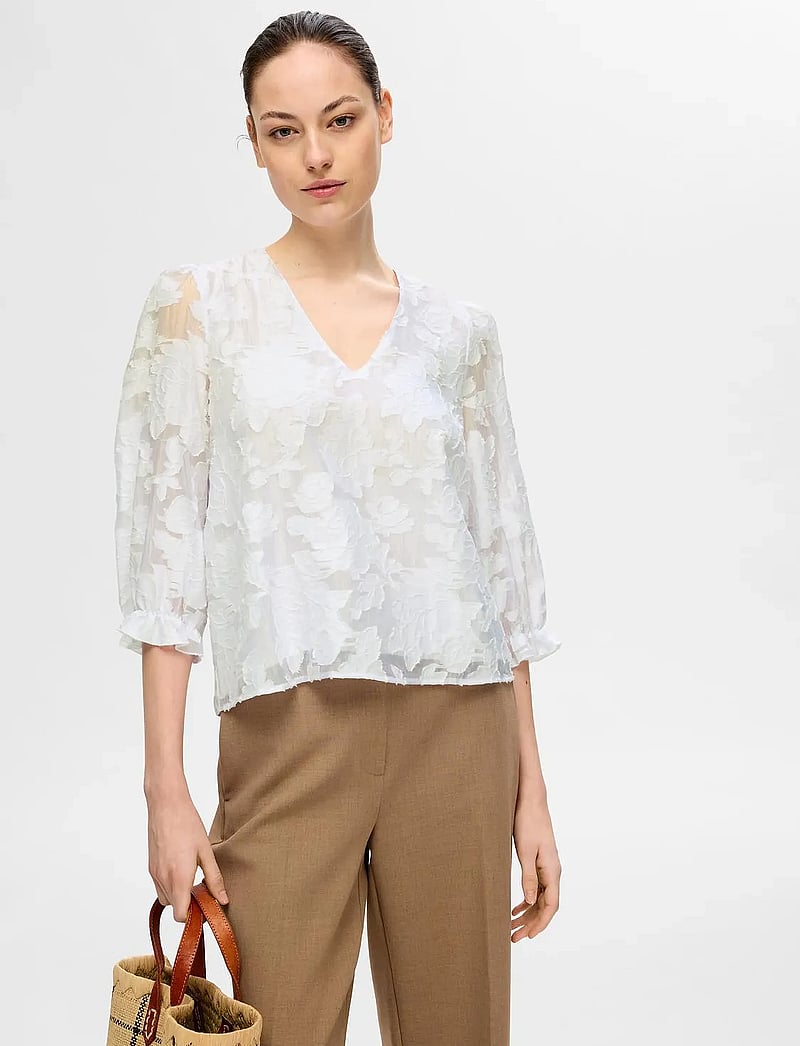 Selected - SLFCATHI-SADIE 3/4 TOP FF - kortærmede bluser - bright white - 5