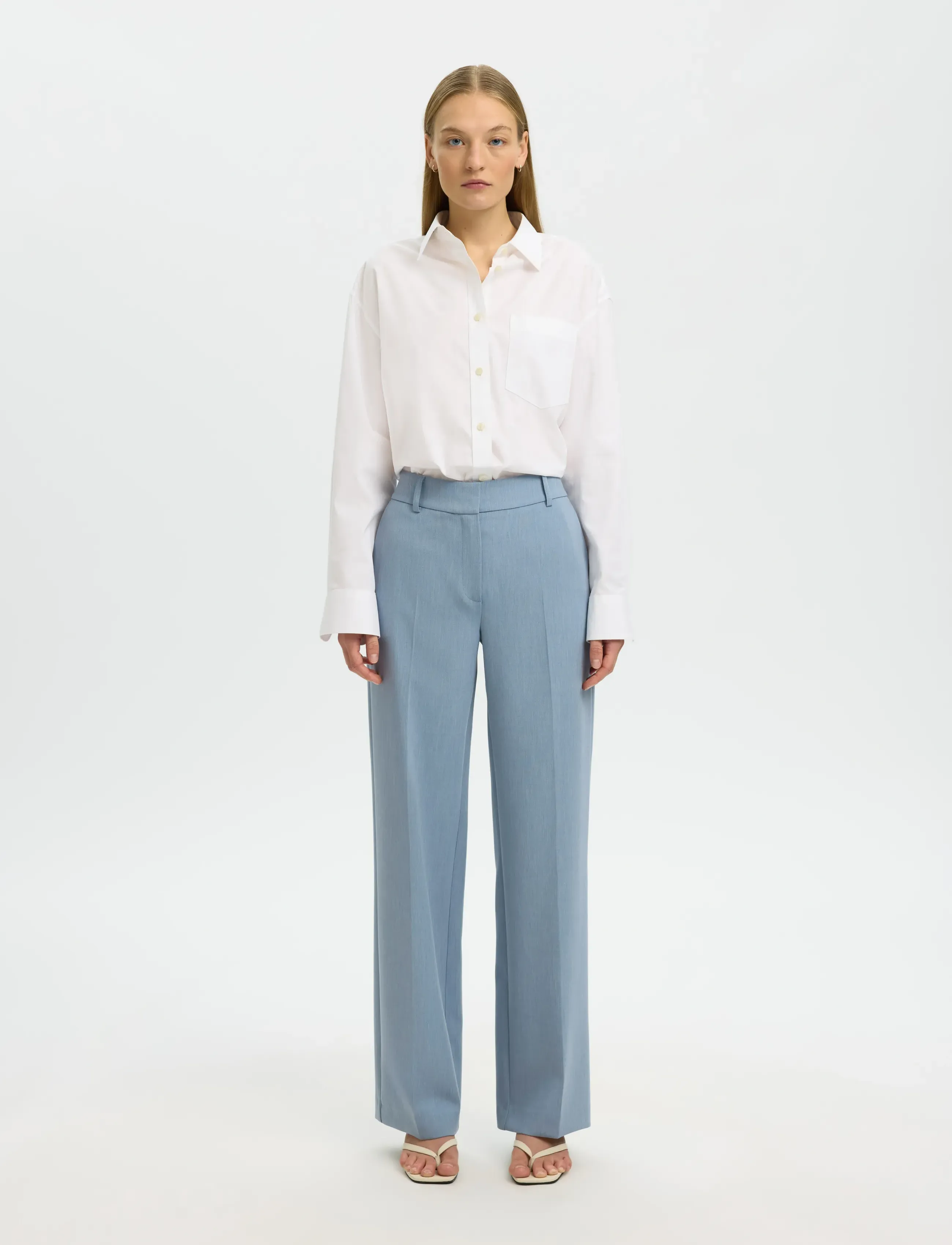 Selected - SLWRITA MW WIDE PANT MEL NOOS - dalykinio stiliaus kelnės - dusty blue - 3