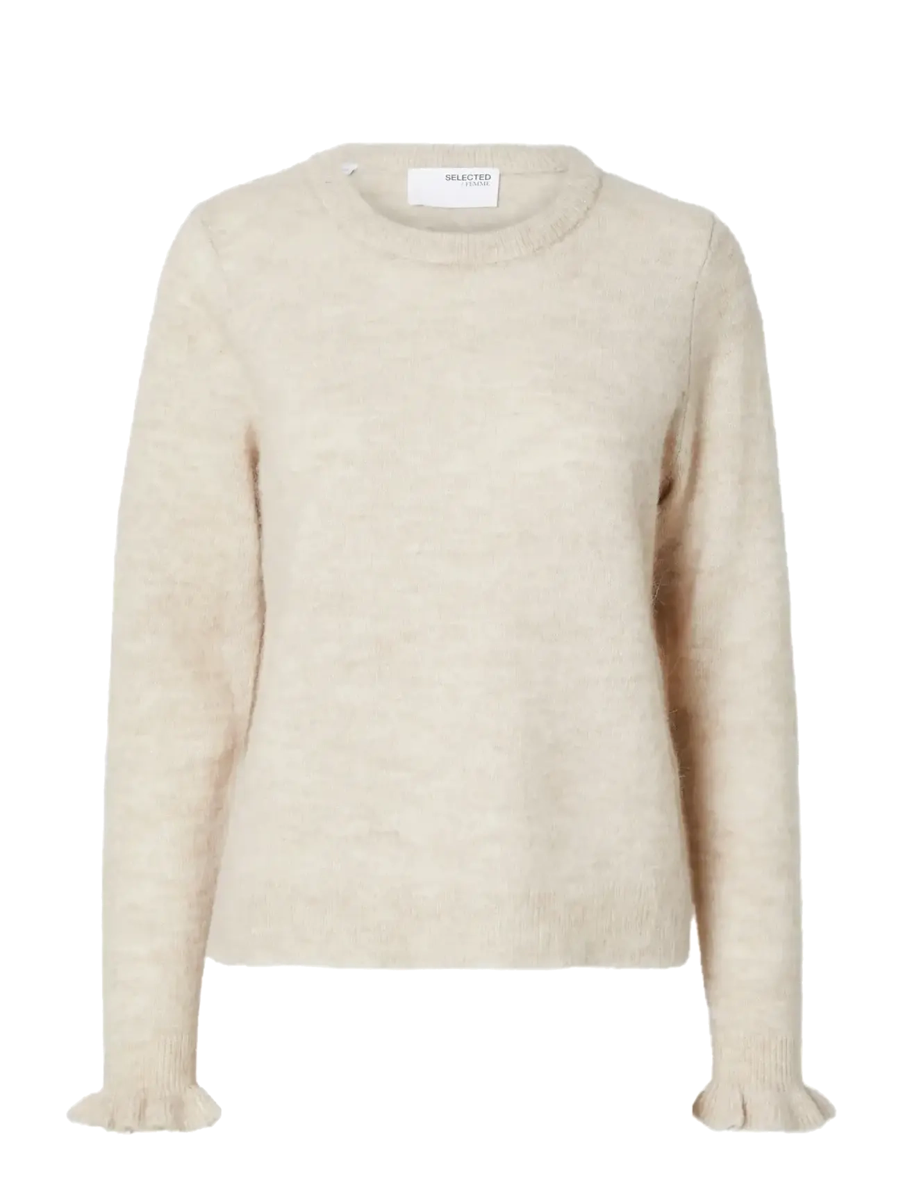 SELECTED Slflulu Ls Knit Frill Cuff O-Neck Noos Cream - L - Damen