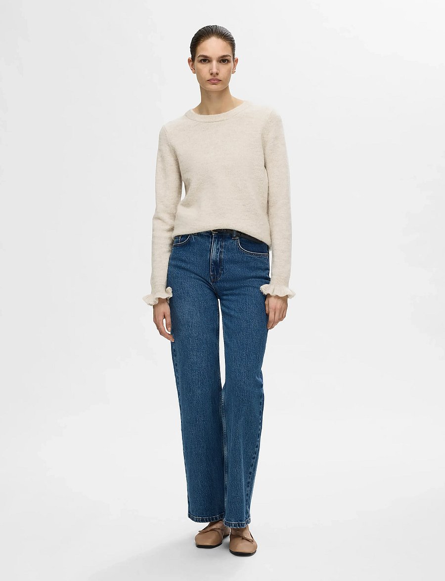 Selected - SLFLULU LS KNIT FRILL CUFF O-NECK NOOS - pullover - birch - 0