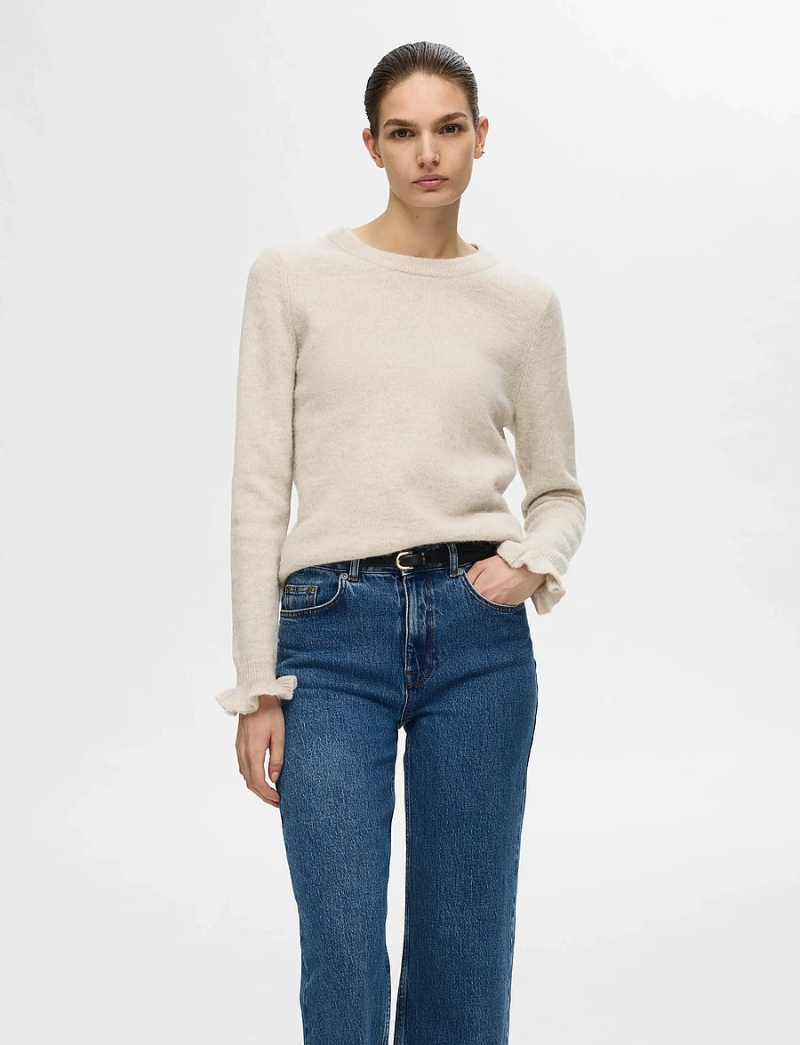 Selected - SLFLULU LS KNIT FRILL CUFF O-NECK NOOS - pullover - birch - 3
