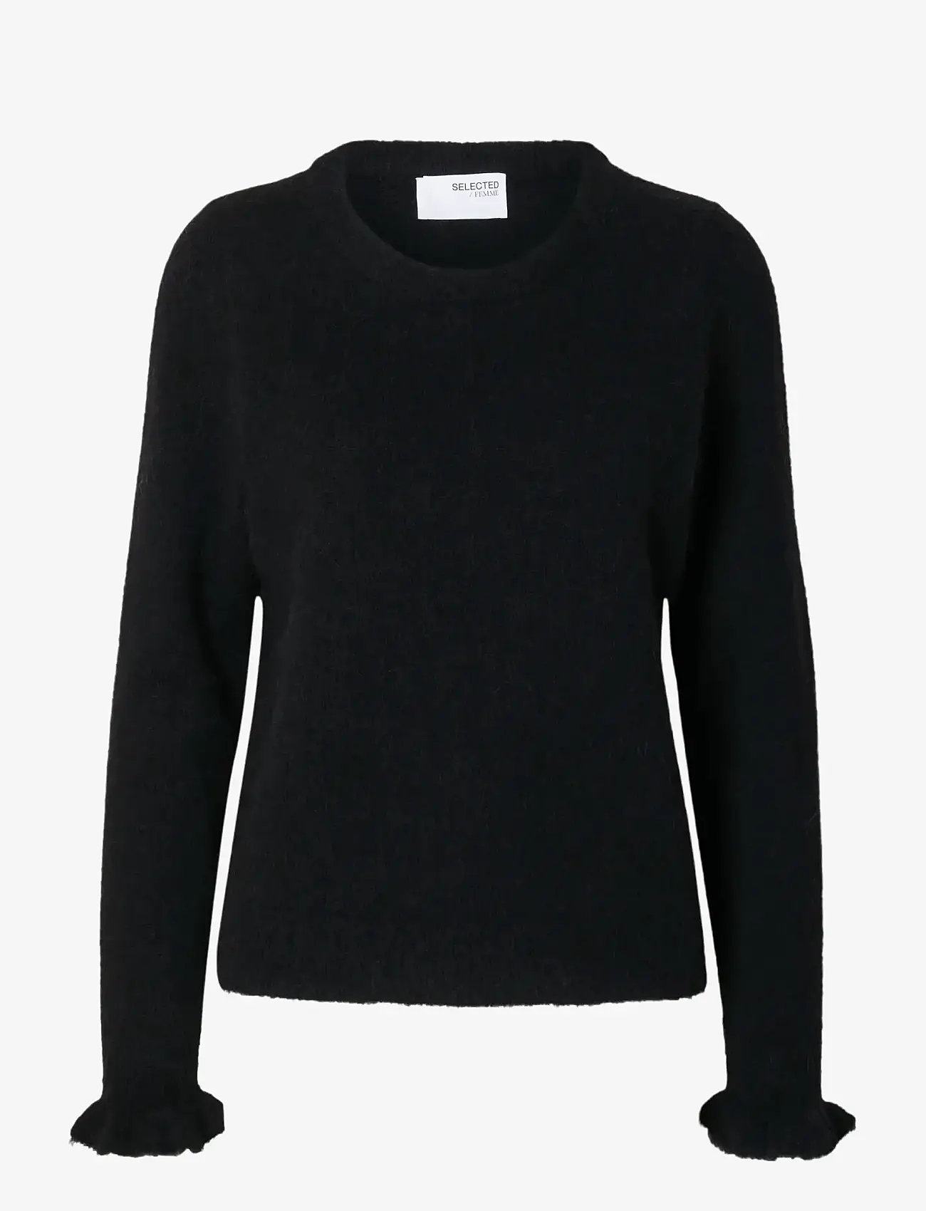 Selected - SLFLULU LS KNIT FRILL CUFF O-NECK NOOS - pullover - black - 1
