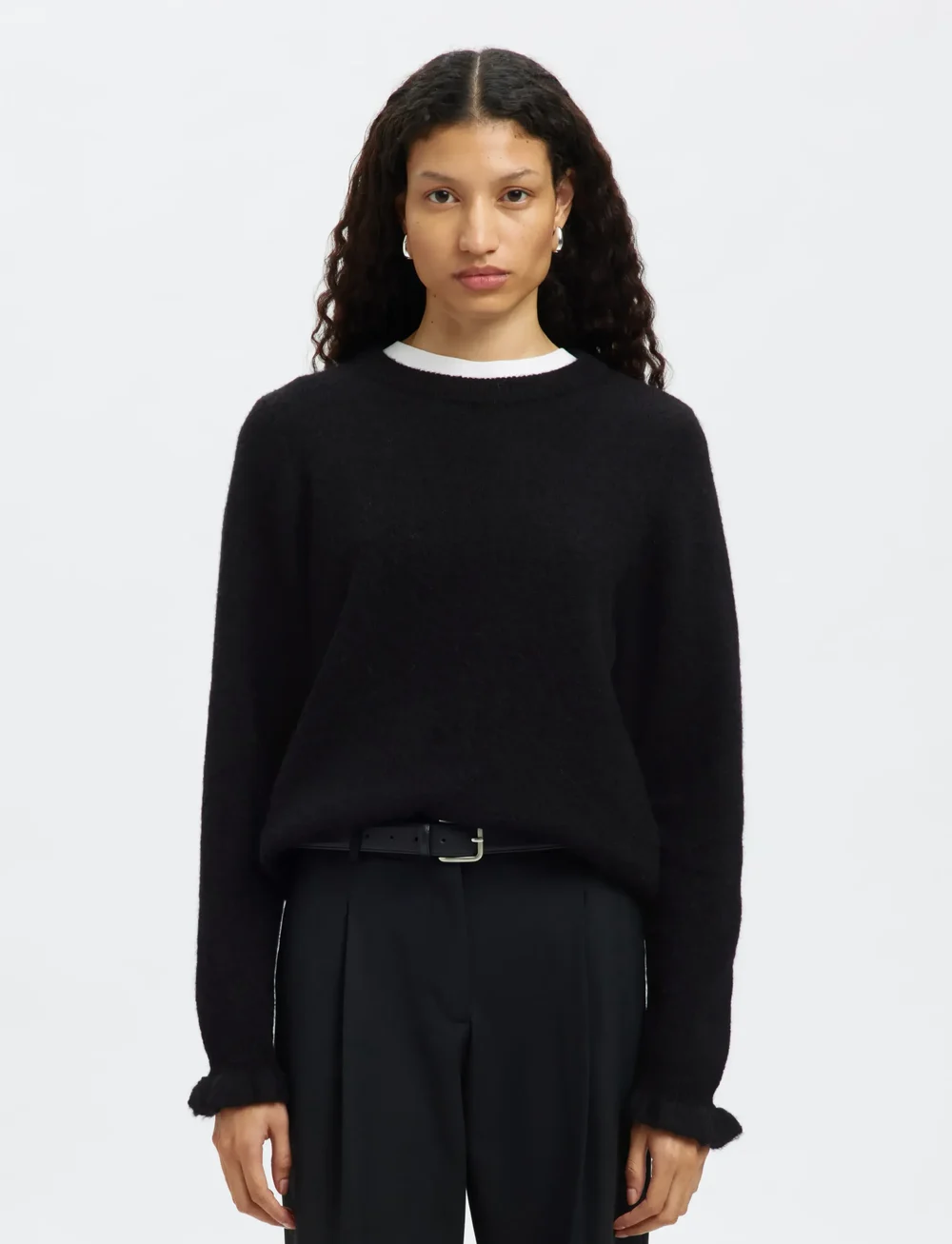Selected - SLFLULU LS KNIT FRILL CUFF O-NECK NOOS - jumpers - black - 0