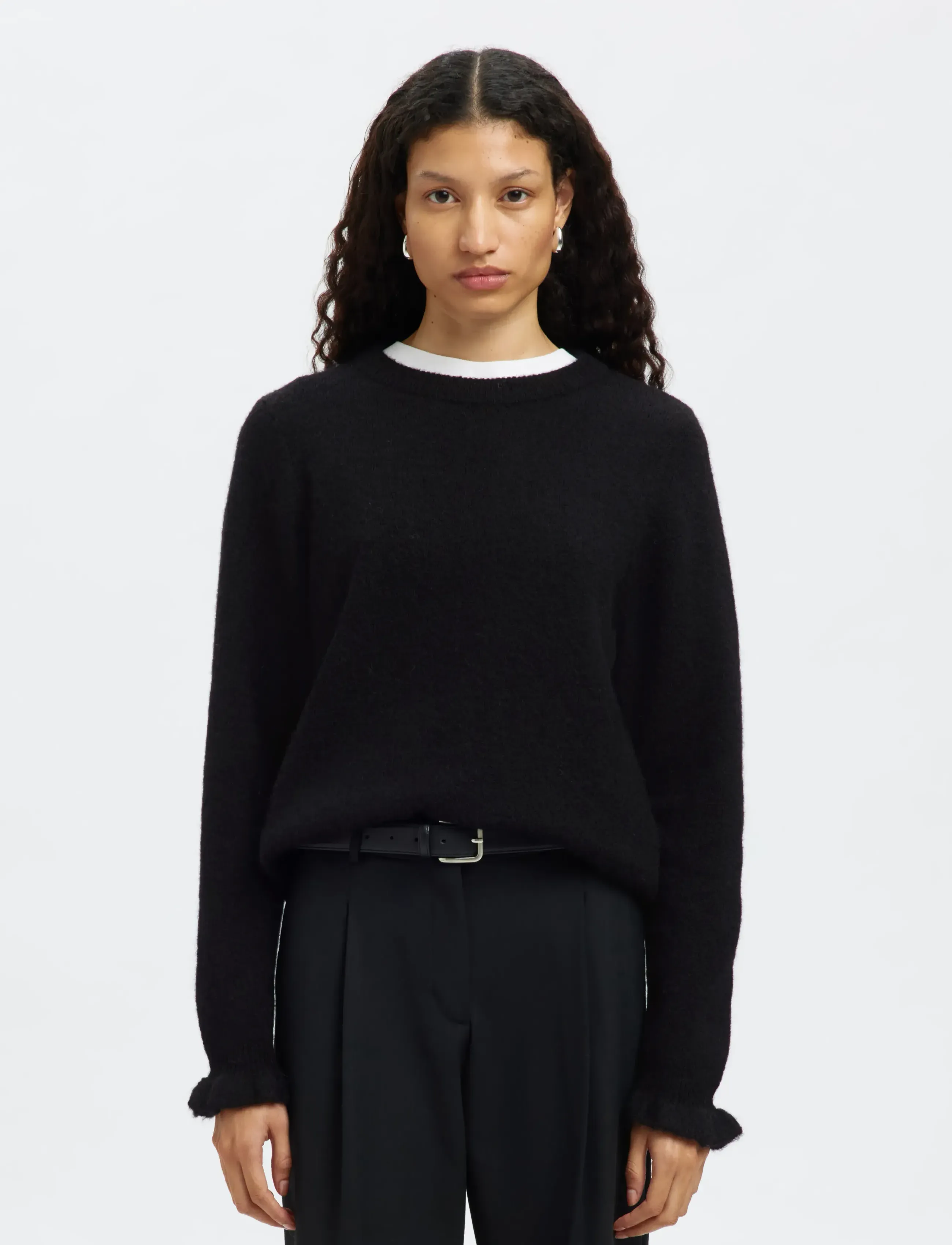 Selected - SLFLULU LS KNIT FRILL CUFF O-NECK NOOS - kampsunid - black - 0
