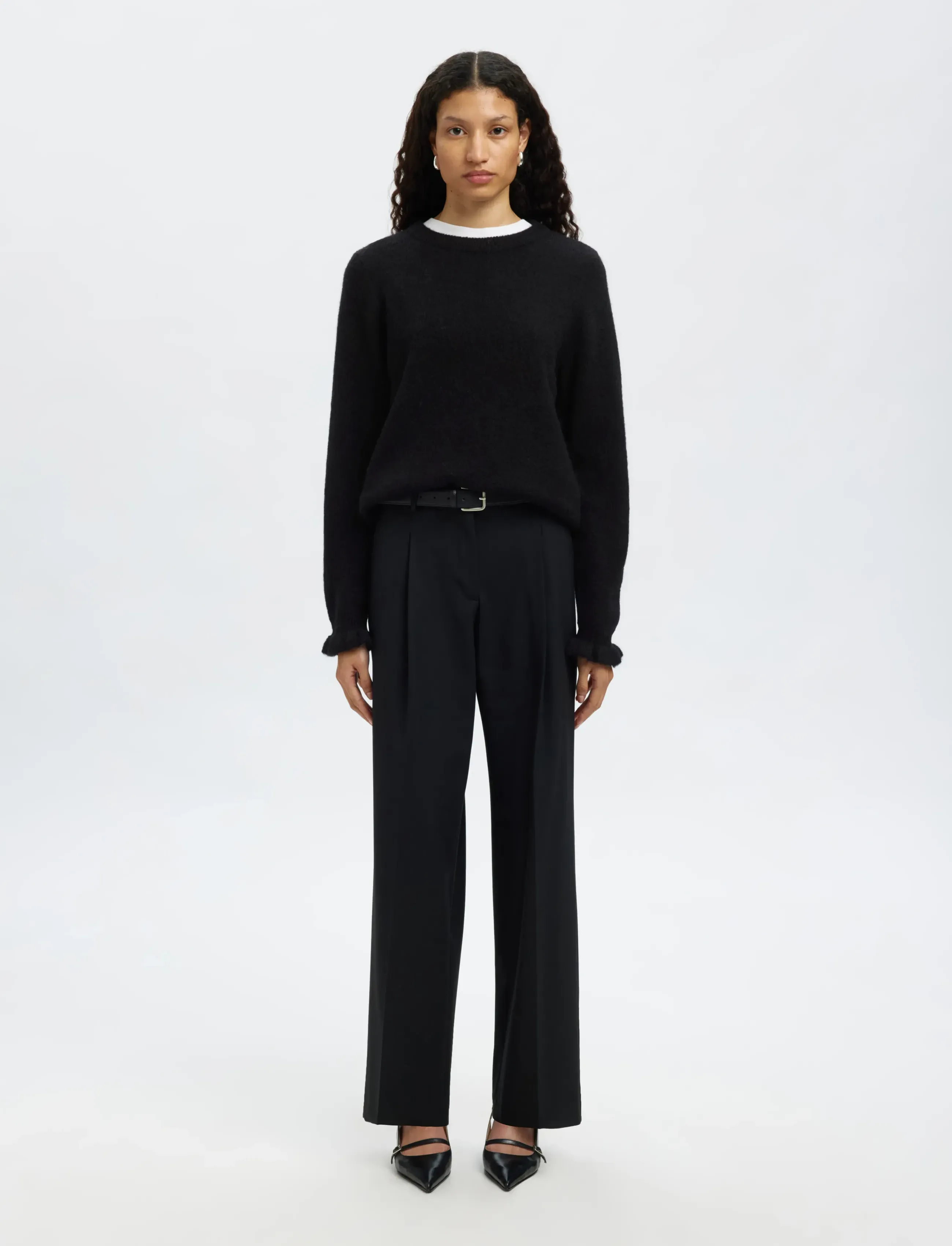 Selected - SLFLULU LS KNIT FRILL CUFF O-NECK NOOS - kampsunid - black - 4