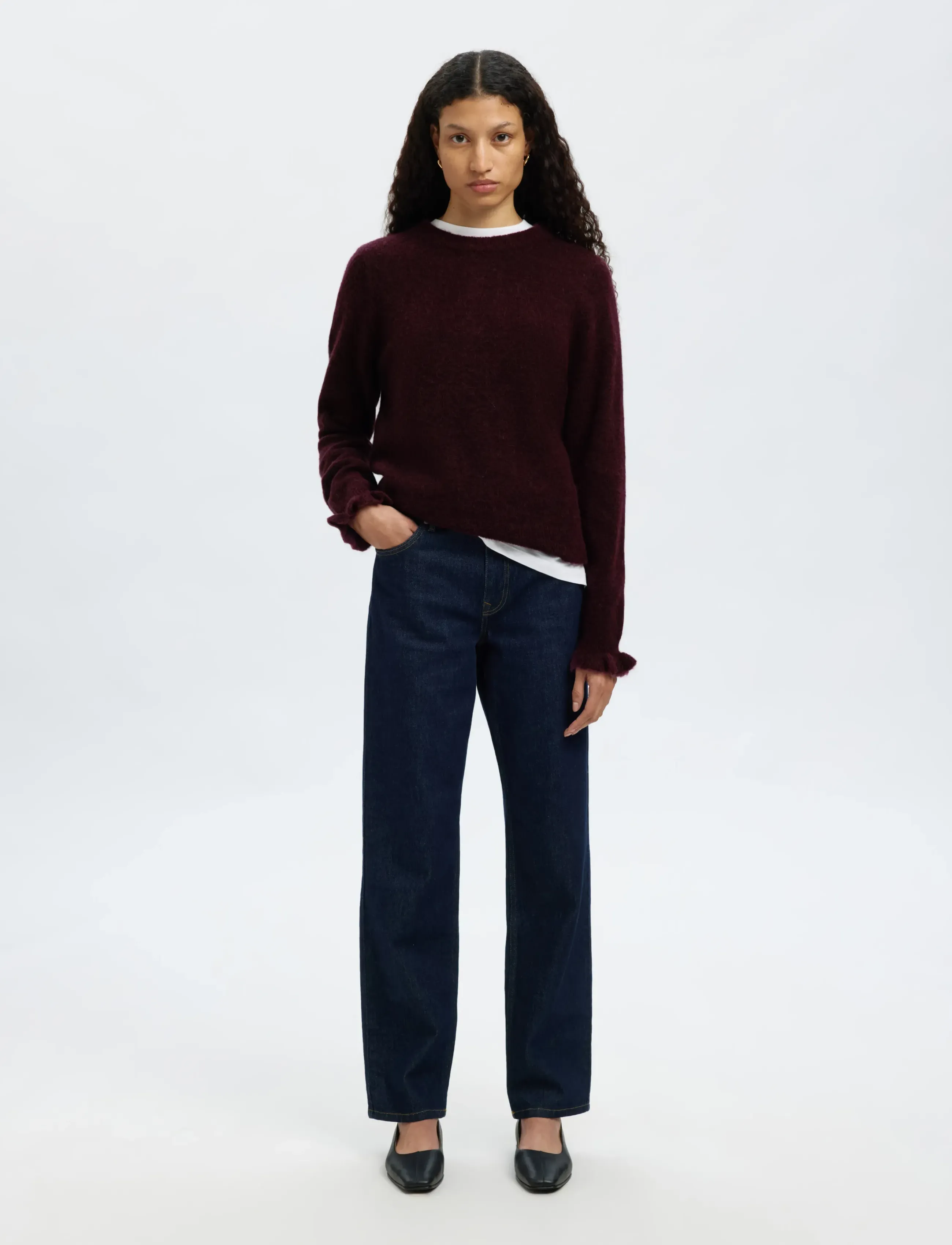 Selected - SLFLULU LS KNIT FRILL CUFF O-NECK NOOS - striktrøjer - fig - 4