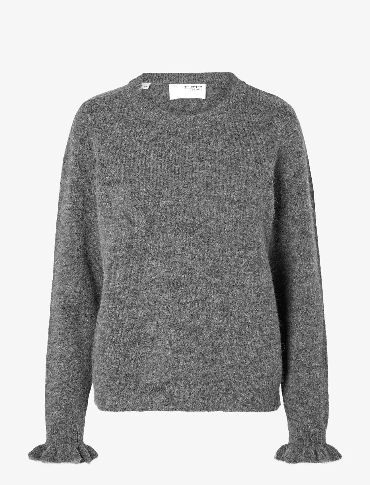 Selected - SLFLULU LS KNIT FRILL CUFF O-NECK NOOS - stickade tröjor - medium grey melange - 1