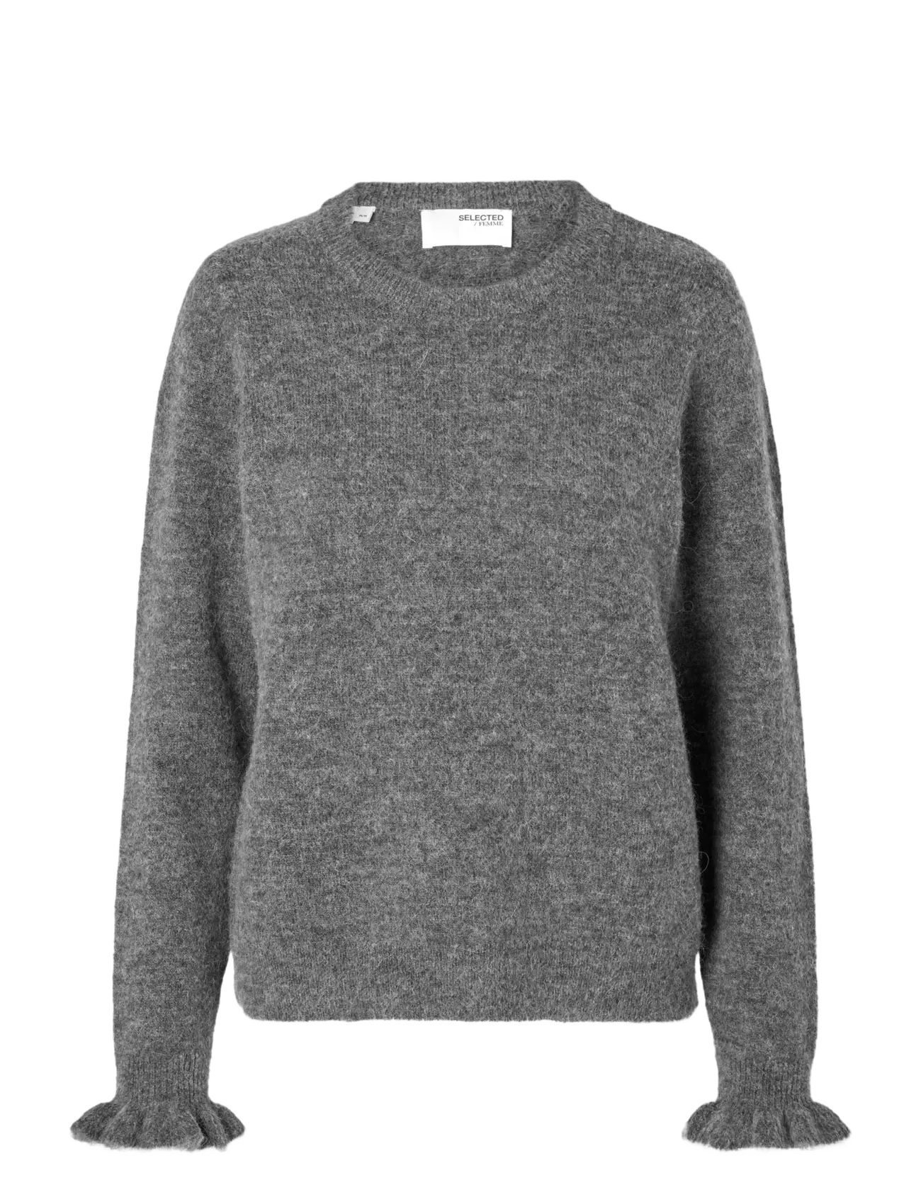 Selected SLFLULU LS KNIT FRILL CUFF O-NECK NOOS - Selected - MEDIUM GREY MELANGE / grey