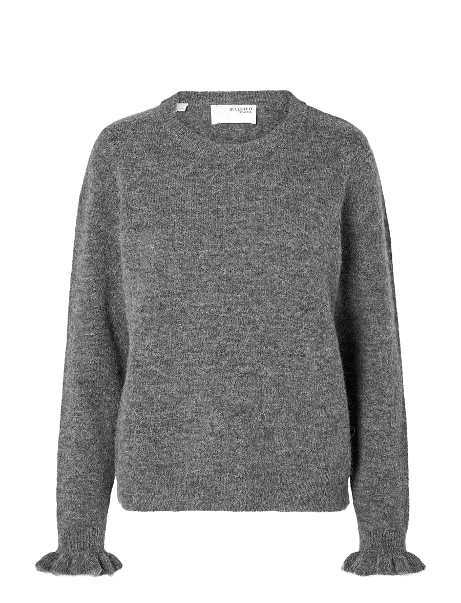 Selected - SLFLULU LS KNIT FRILL CUFF O-NECK NOOS - pullover - medium grey melange - 1