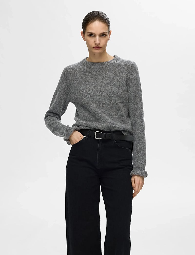 Selected - SLFLULU LS KNIT FRILL CUFF O-NECK NOOS - pullover - medium grey melange - 0