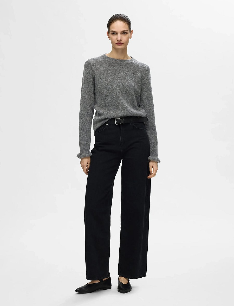 Selected - SLFLULU LS KNIT FRILL CUFF O-NECK NOOS - pullover - medium grey melange - 3