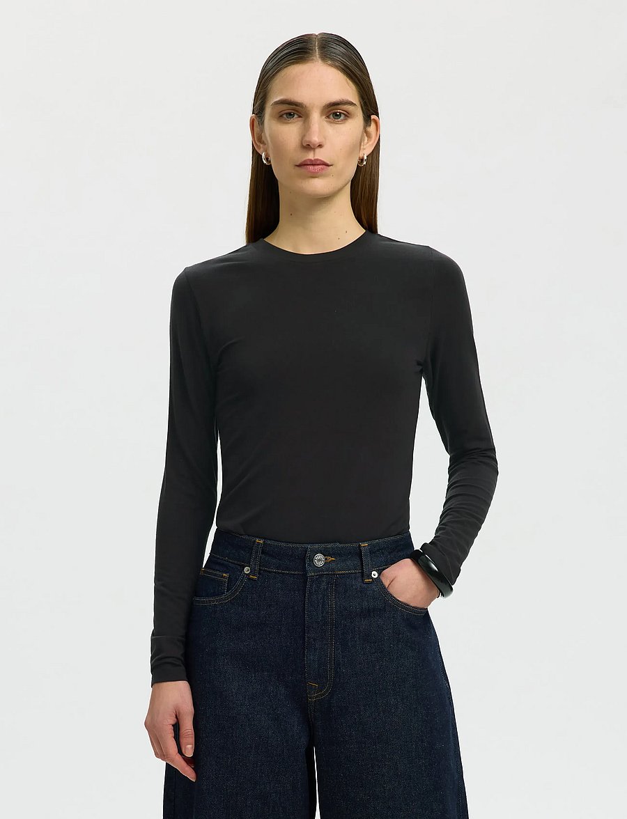 Selected - SLWMANJA LS O-NECK NOOS - langärmlige tops - black - 0