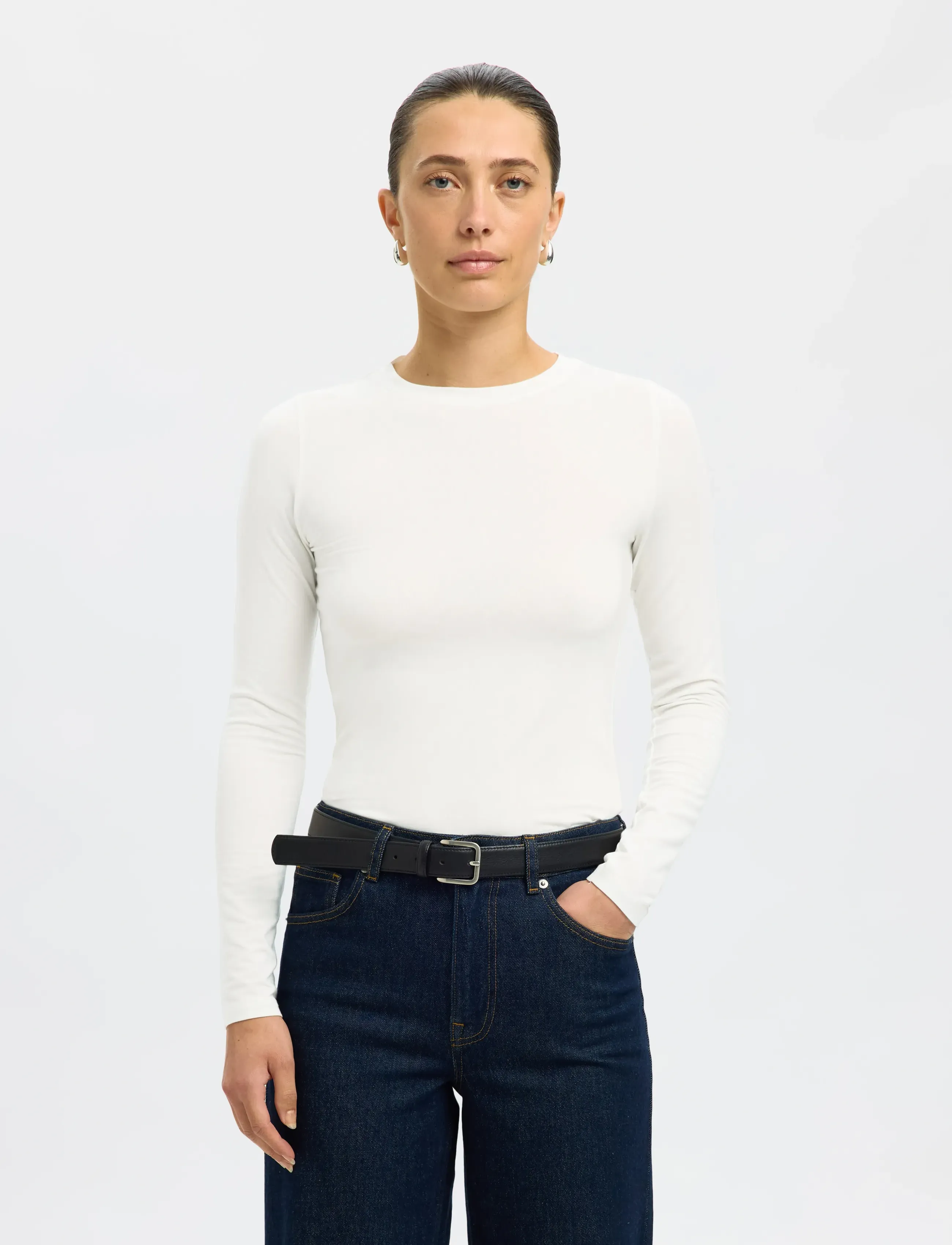 Selected SLWMANJA LS O-NECK NOOS - T-shirts & Toppar - SNOW WHITE / cream