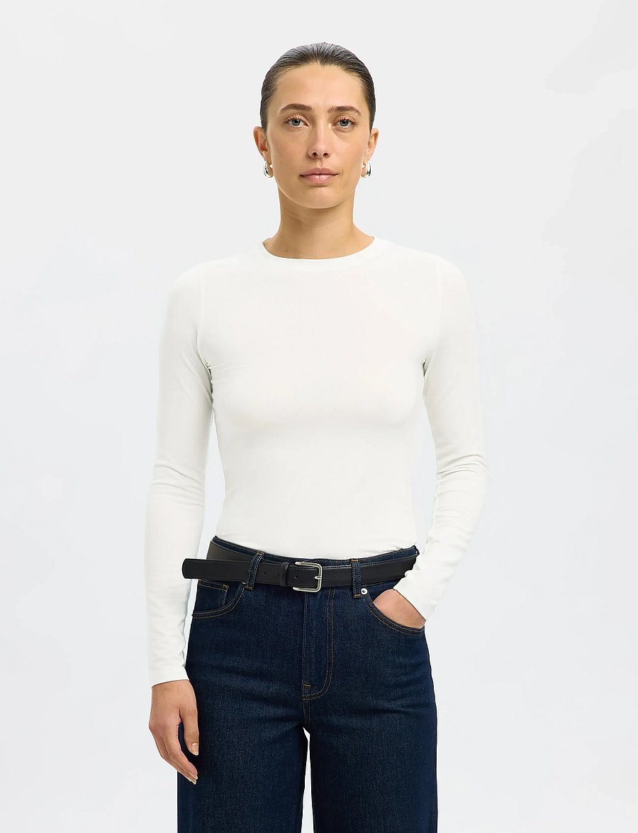 Selected - SLWMANJA LS O-NECK NOOS - langärmlige tops - snow white - 0