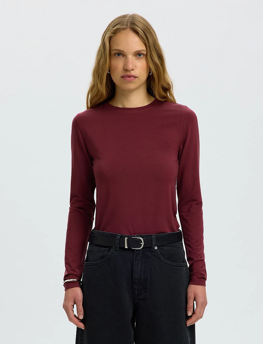 Selected - SLWMANJA LS O-NECK NOOS - langärmlige tops - tawny port - 0