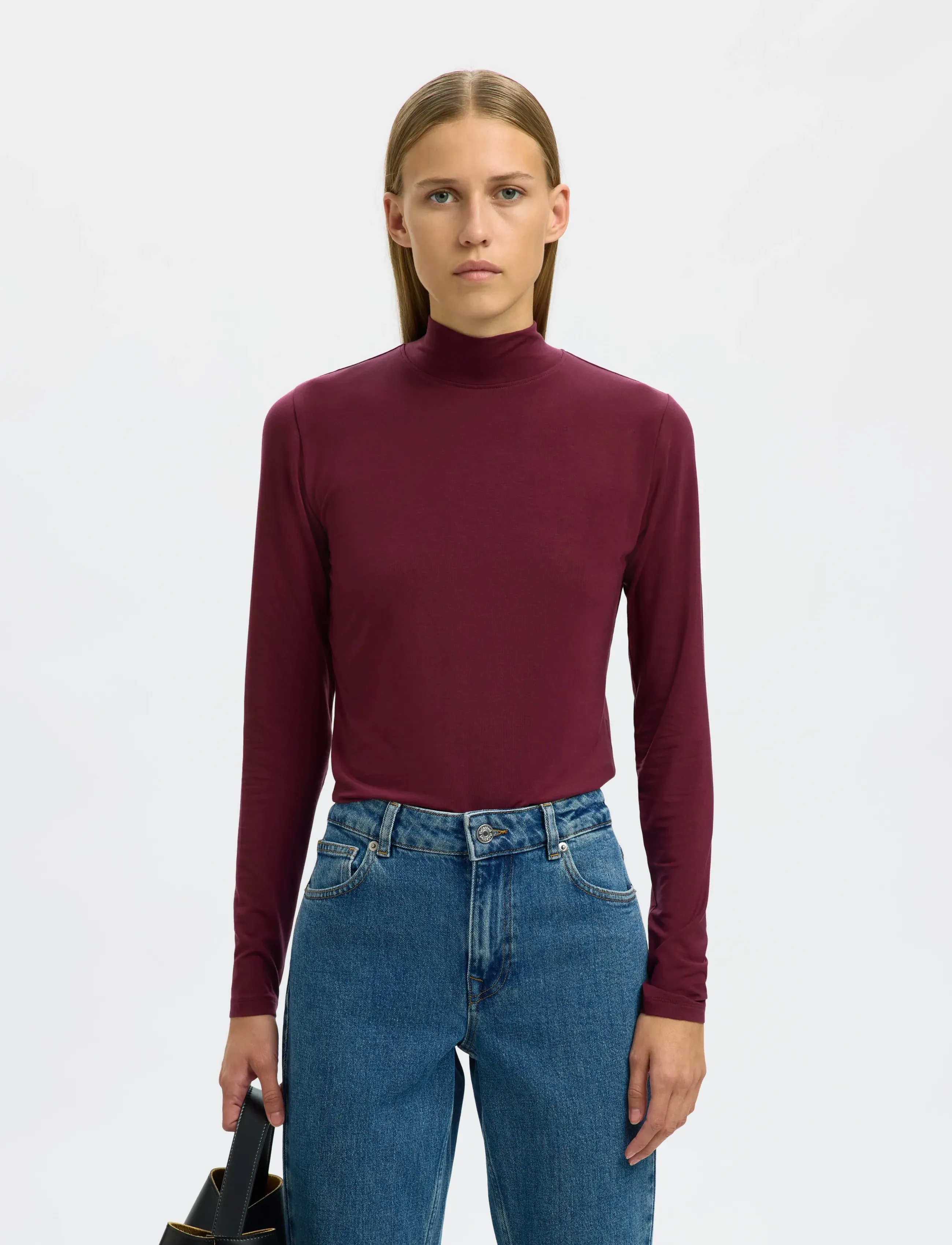Selected SLFMANJA LS HIGH NECK NOOS - T-shirts & Toppar - FIG / burgundy