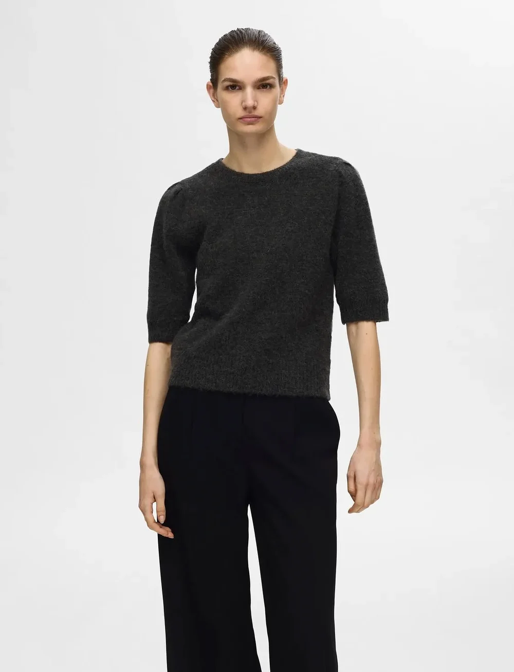 Selected - SLFLULU SS OPEN BACK KNIT O-NECK NOOS - stickade tröjor - volcanic ash - 0