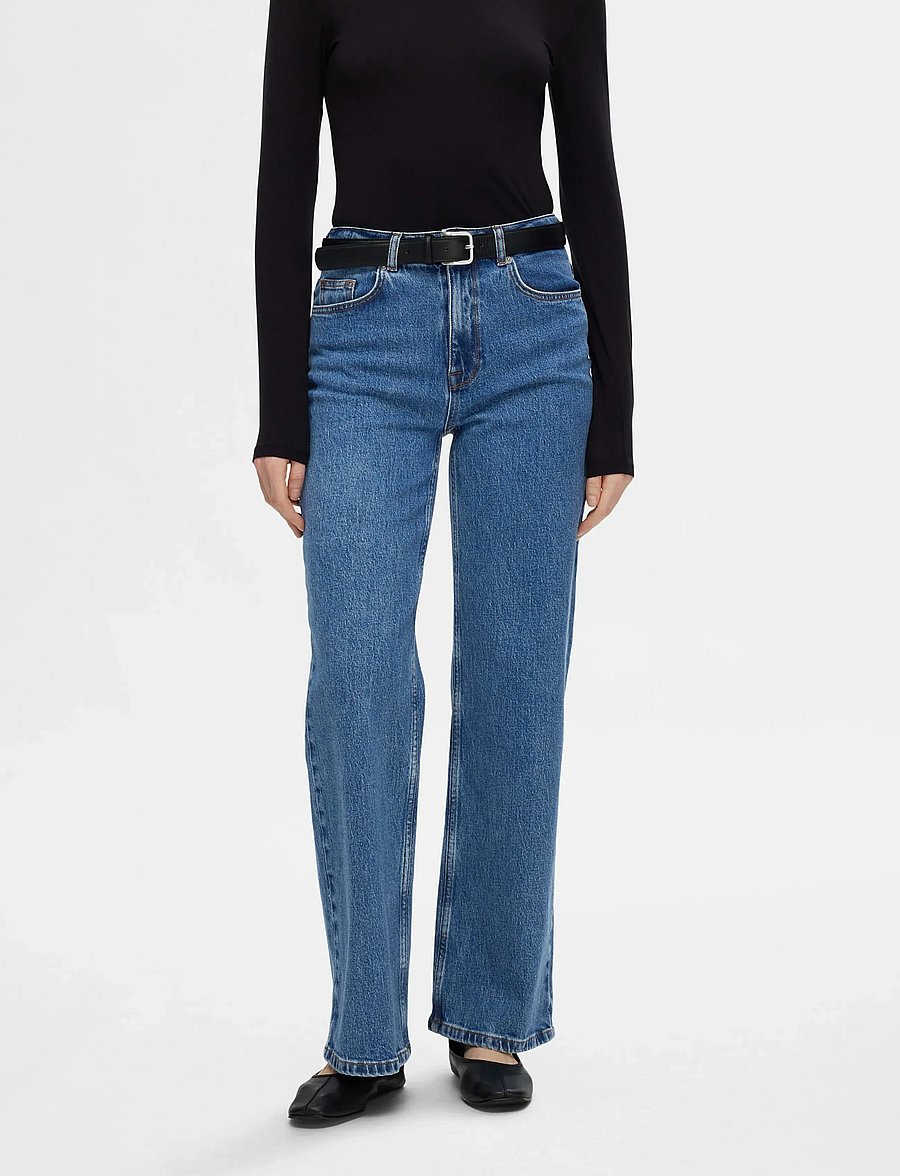 Selected - SLFALICE HW WIDE LONG WING BLU JEAN NOOS - pantalons larges - medium blue denim - 0